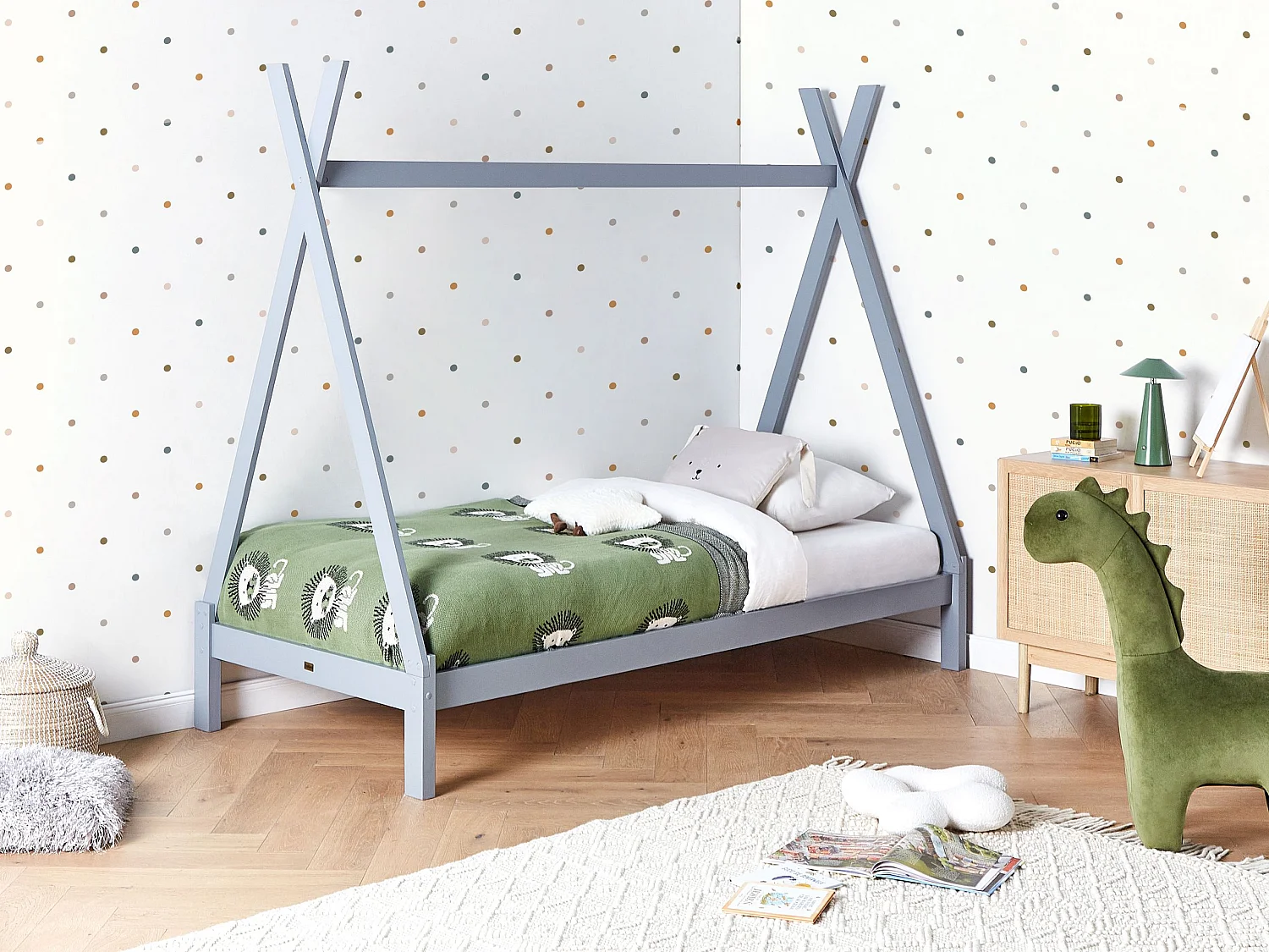 Tipi-Kinderbett Kiefernholz grau Lattenrost 90 x 200 cm DEVAY