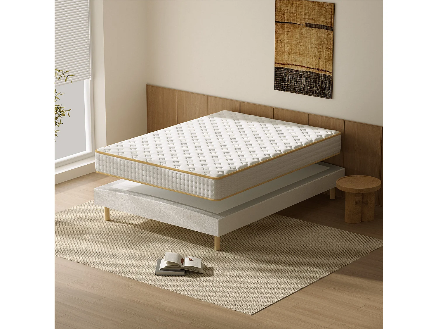 Ensemble Matelas en Mousse+ Lit Sommier Tapissier Déco 140x190cm, Epaisseur du Matelas 18cm
