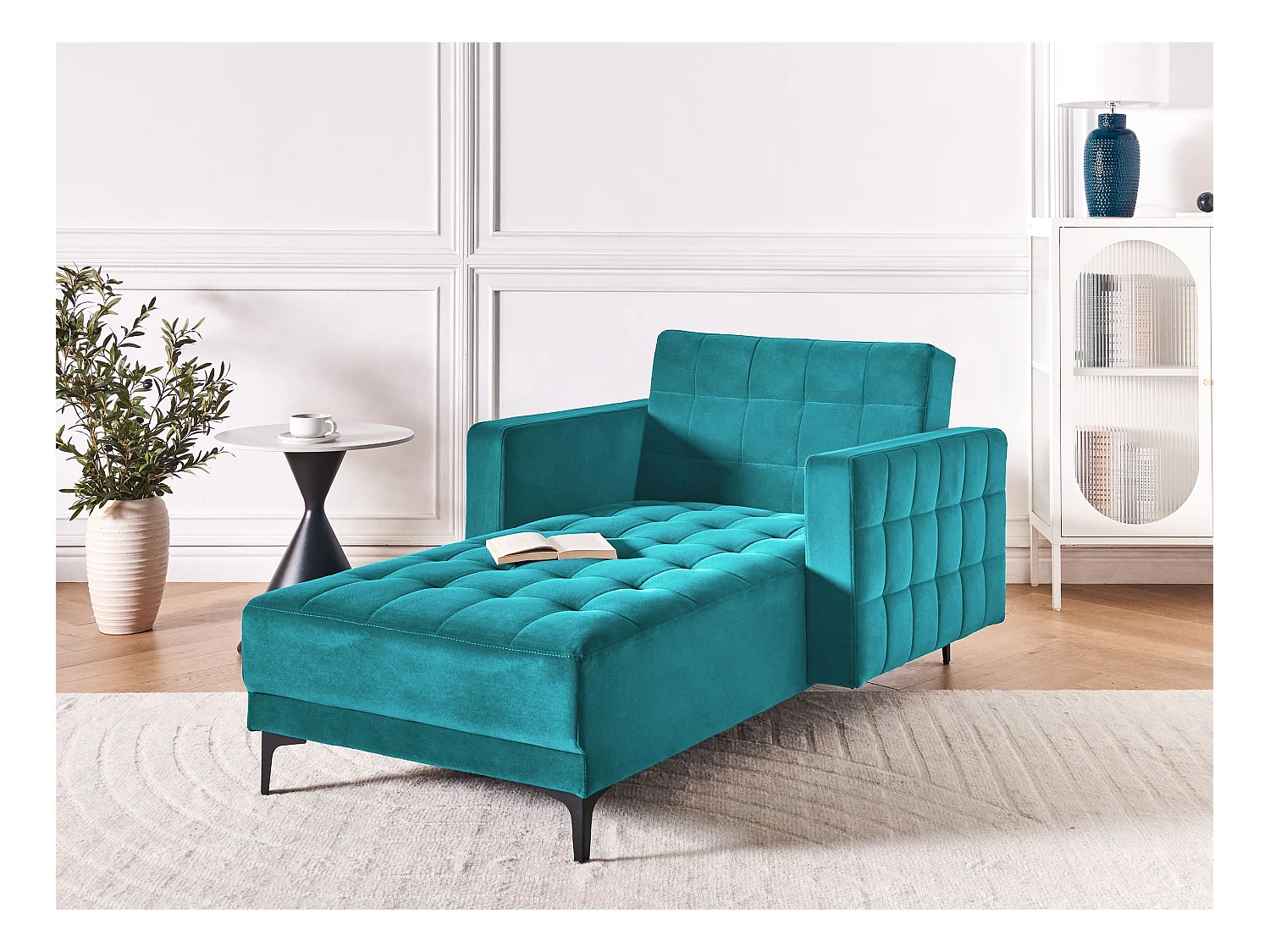 Chaiselongue Samt see blau mit Schlaffunktion Metallgestell schwarz Aberdeen