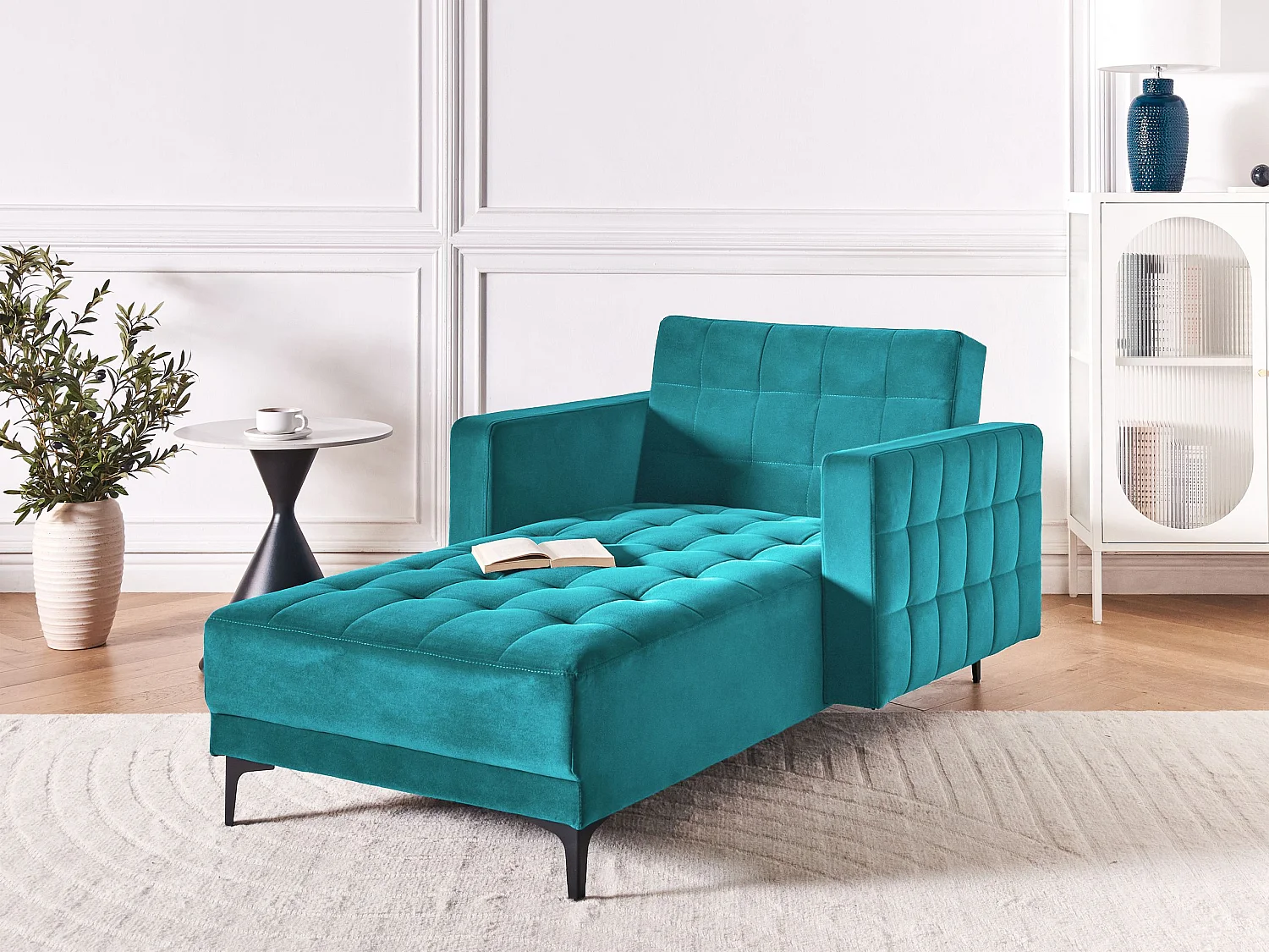 Chaiselongue Samt see blau mit Schlaffunktion Metallgestell schwarz Aberdeen