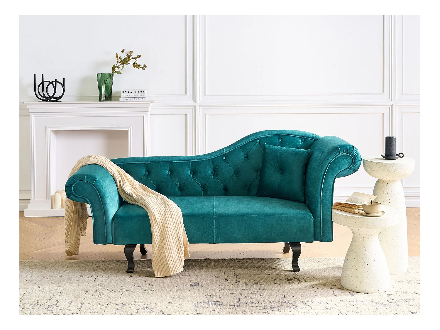 Chaiselongue Samt grün rechts gesteppt mit Kissen Chesterfield-Stil Lattes II