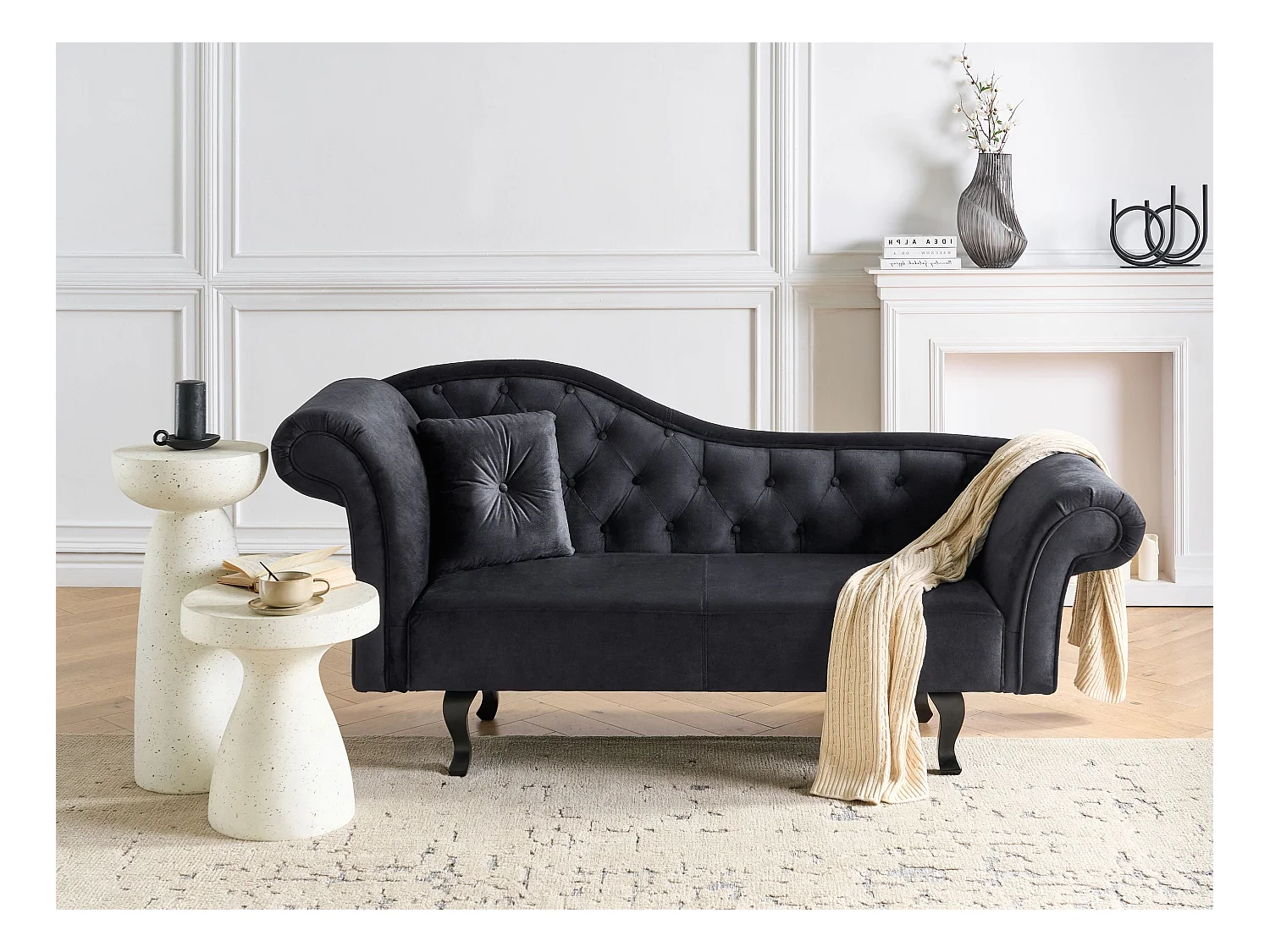 Chaiselongue Samt schwarz links gesteppt mit Kissen Chesterfield-Stil Lattes II