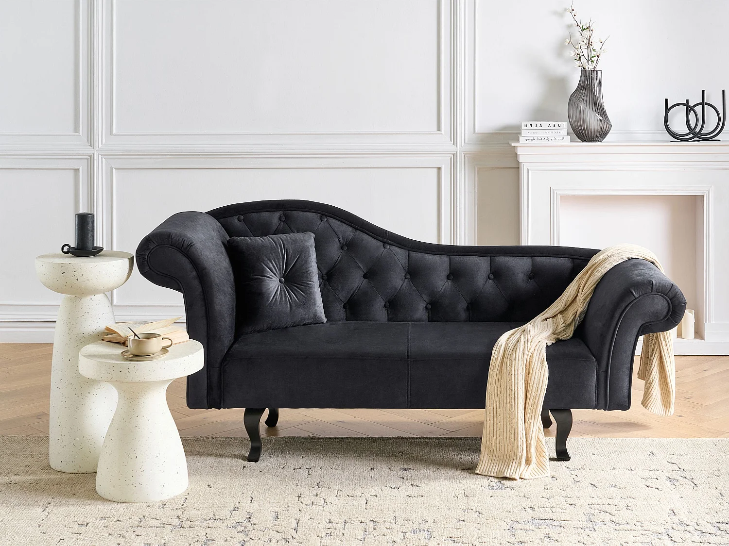 Chaise longue côté gauche LATTES Velours Noir avec coussin
