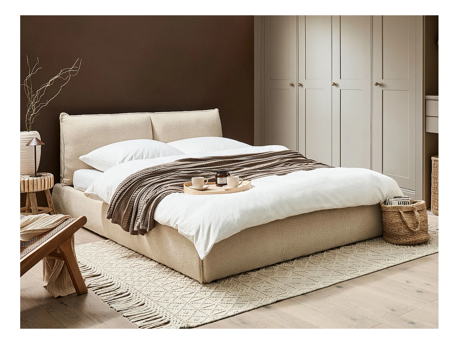 Bett mit Lattenrost Bouclé VINAY 160 x 200 cm Hellbeige