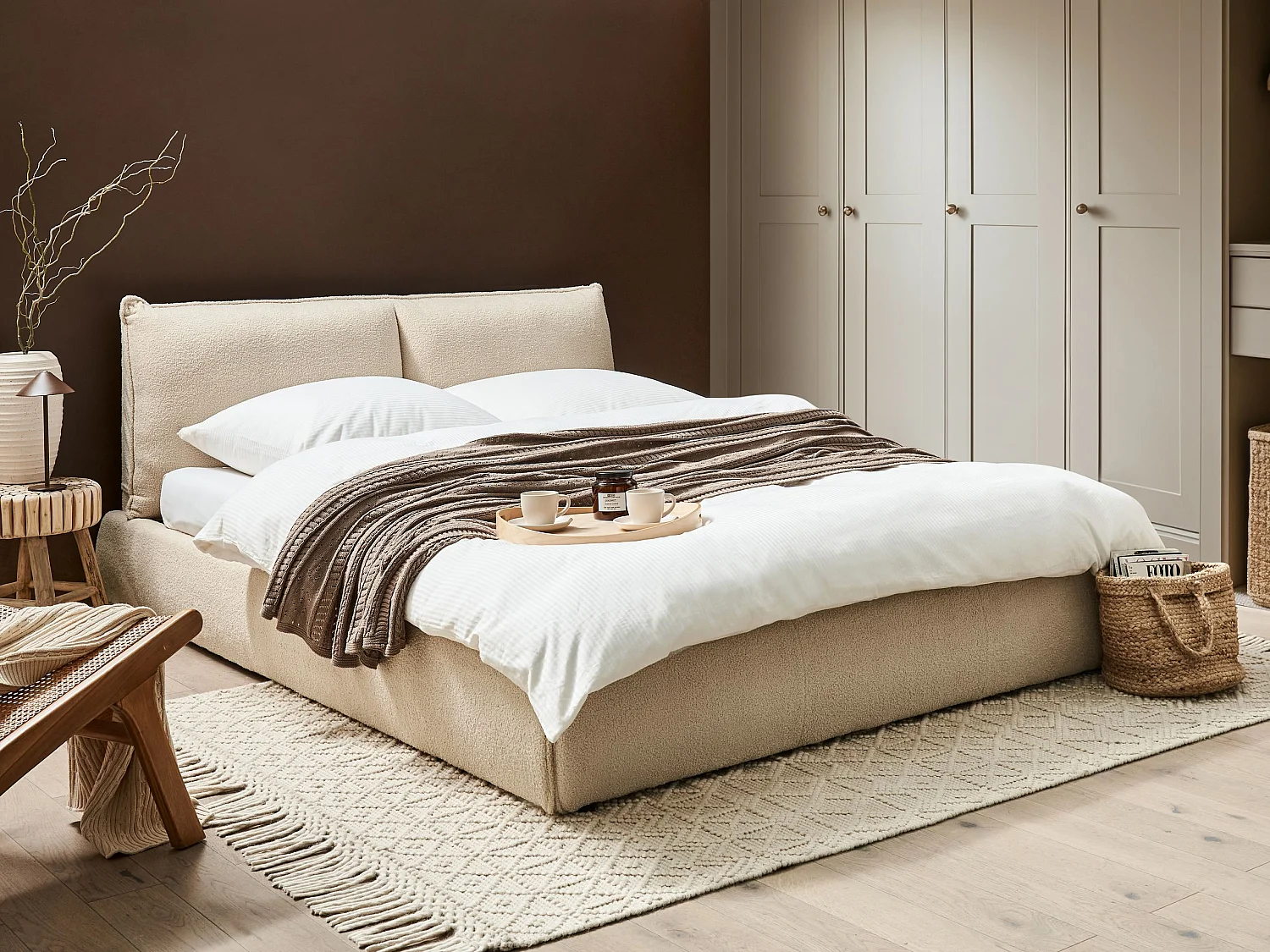 Letto Bouclé VINAY 160 x 200 cm Beige chiaro