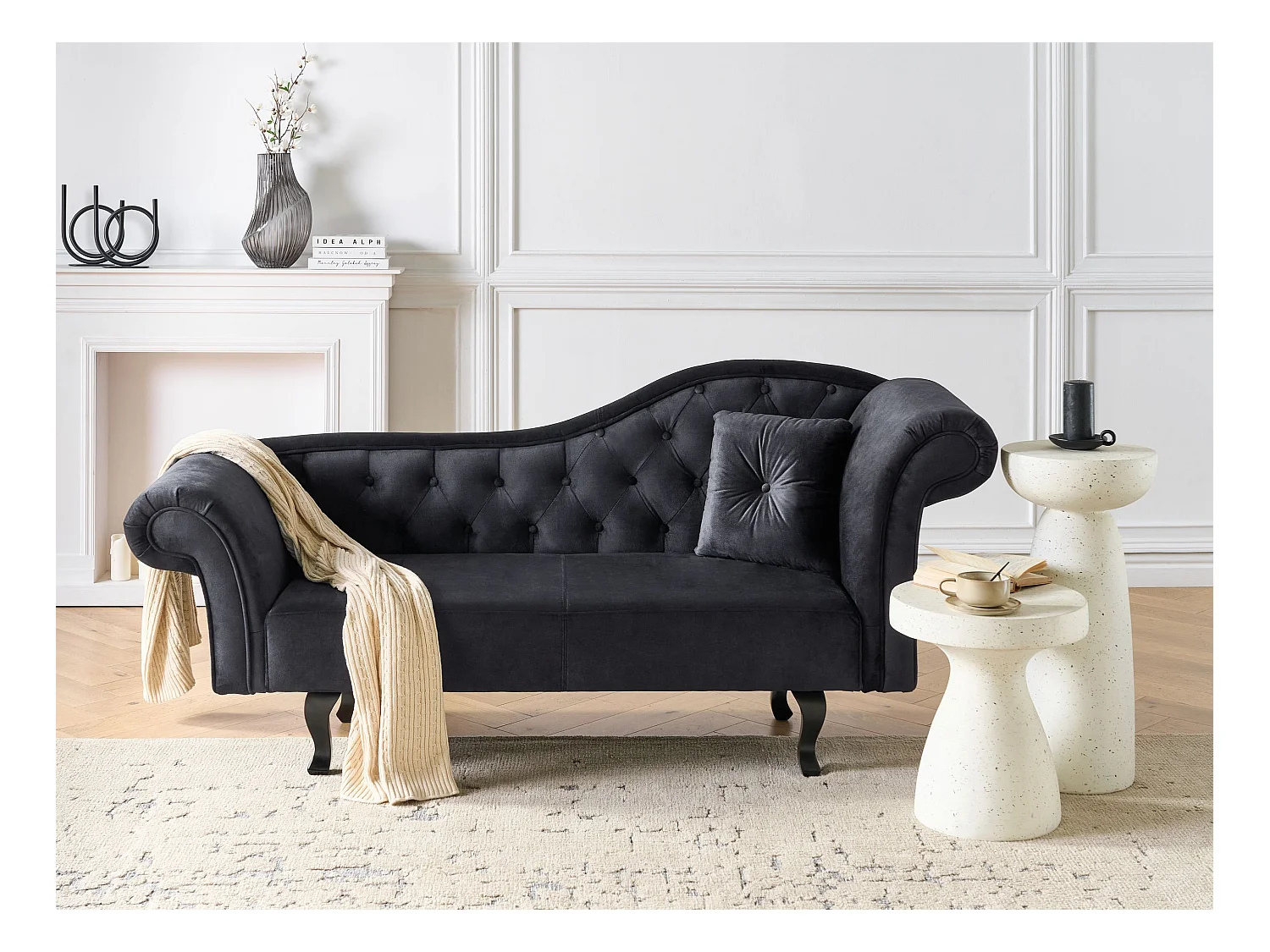 Chaiselongue Samt schwarz rechts gesteppt mit Kissen Chesterfield-Stil Lattes II