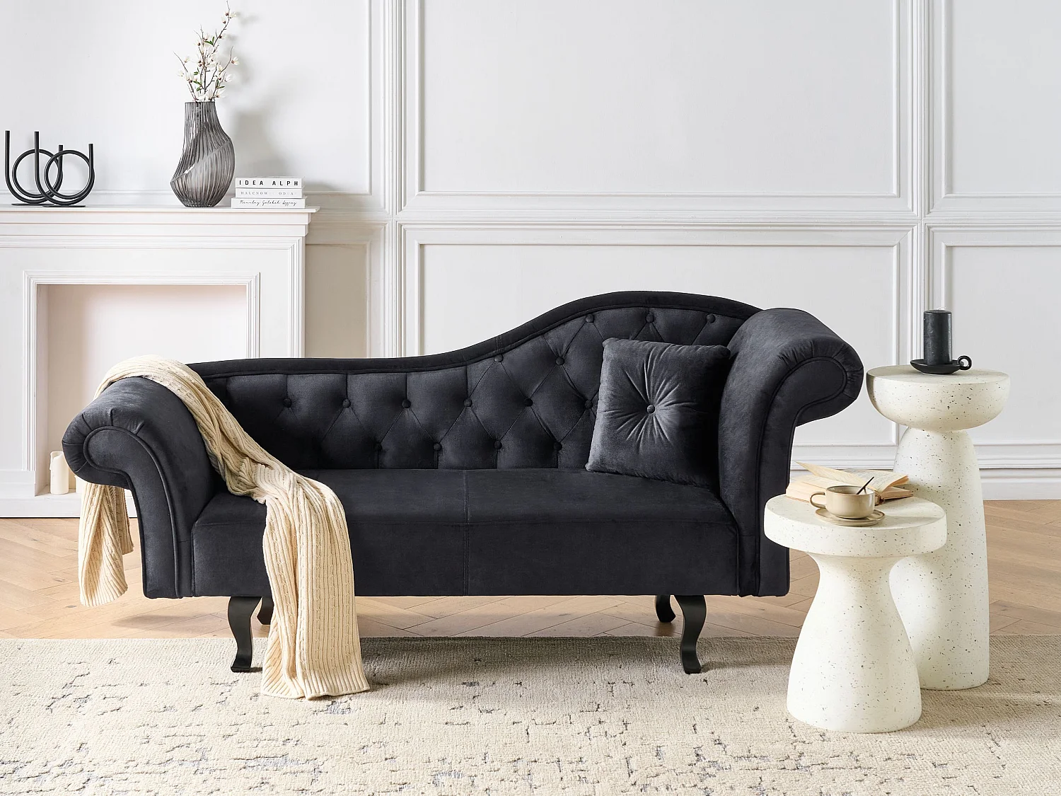 Chaise longue côté droit LATTES Velours Noir avec coussin