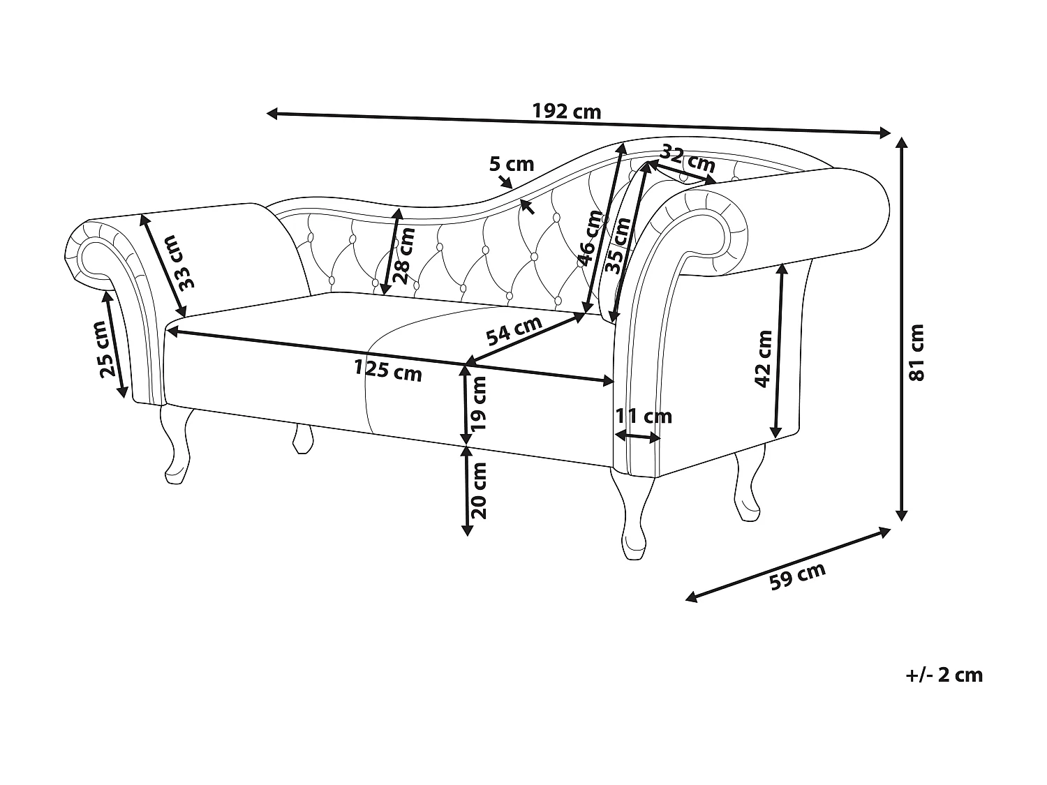Chaise longue côté droit LATTES Velours Noir avec coussin