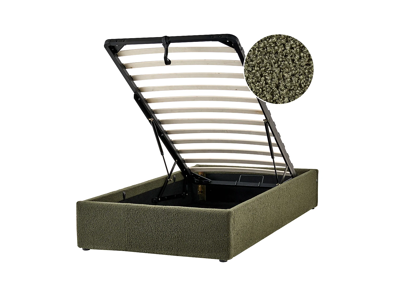 Polsterbett Bouclé dunkelgrün mit Bettkasten hochklappbar 90 x 200 cm DINAN