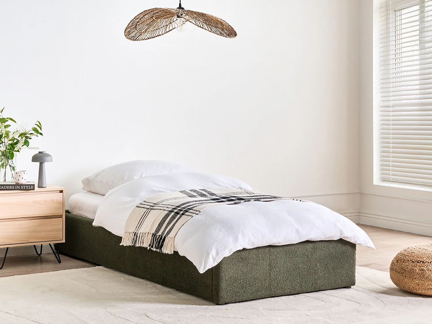 Ottoman Bed without Headboard DINAN Boucle Dark Green 90 x 200 cm (EU Single)