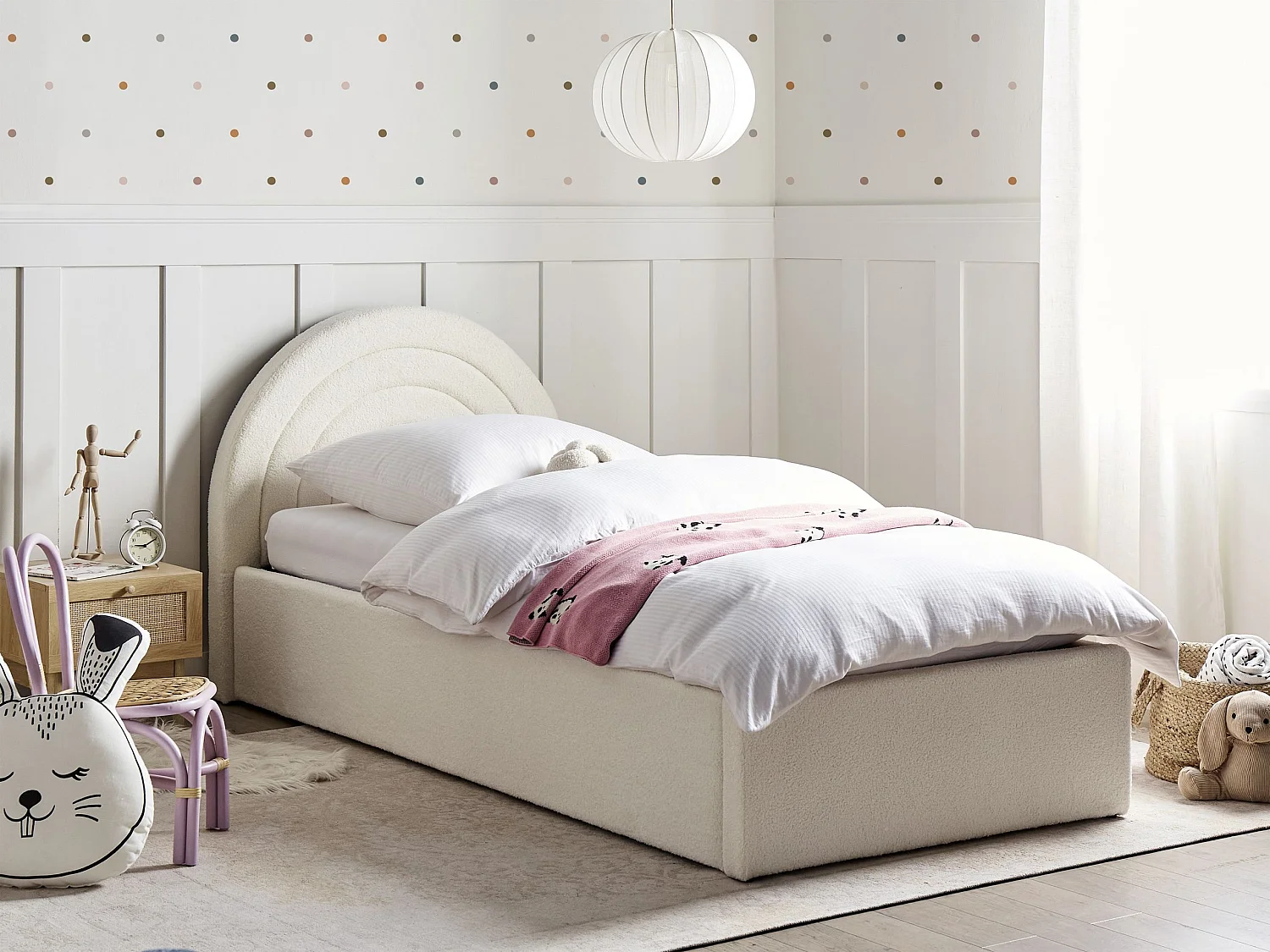 Polsterbett Bouclé cremeweiss mit Bettkasten hochklappbar 90 x 200 cm ANET