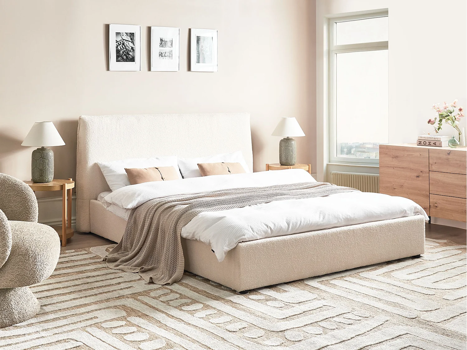 Lit avec sommier Bouclé LAVAUR 160 x 200 cm Blanc cassé