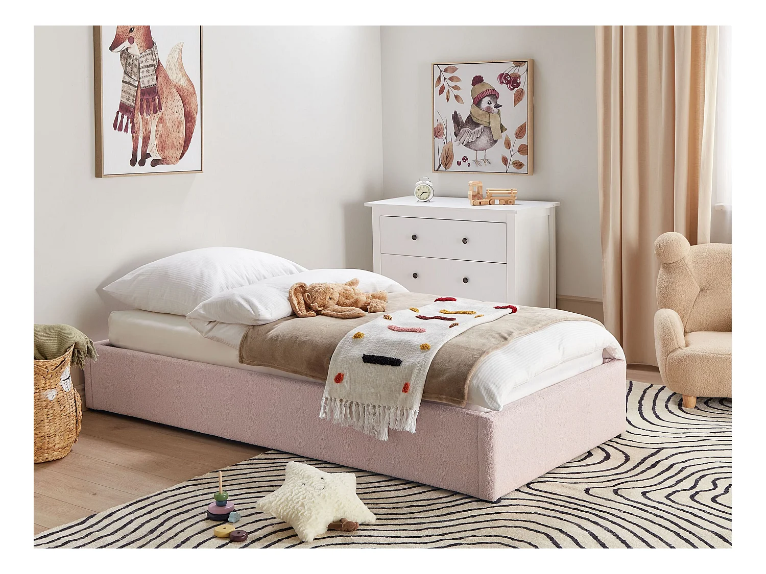 Polsterbett Bouclé rosa mit hochklappbarem Lattenrost 90x200 cm Bettkasten Dinan
