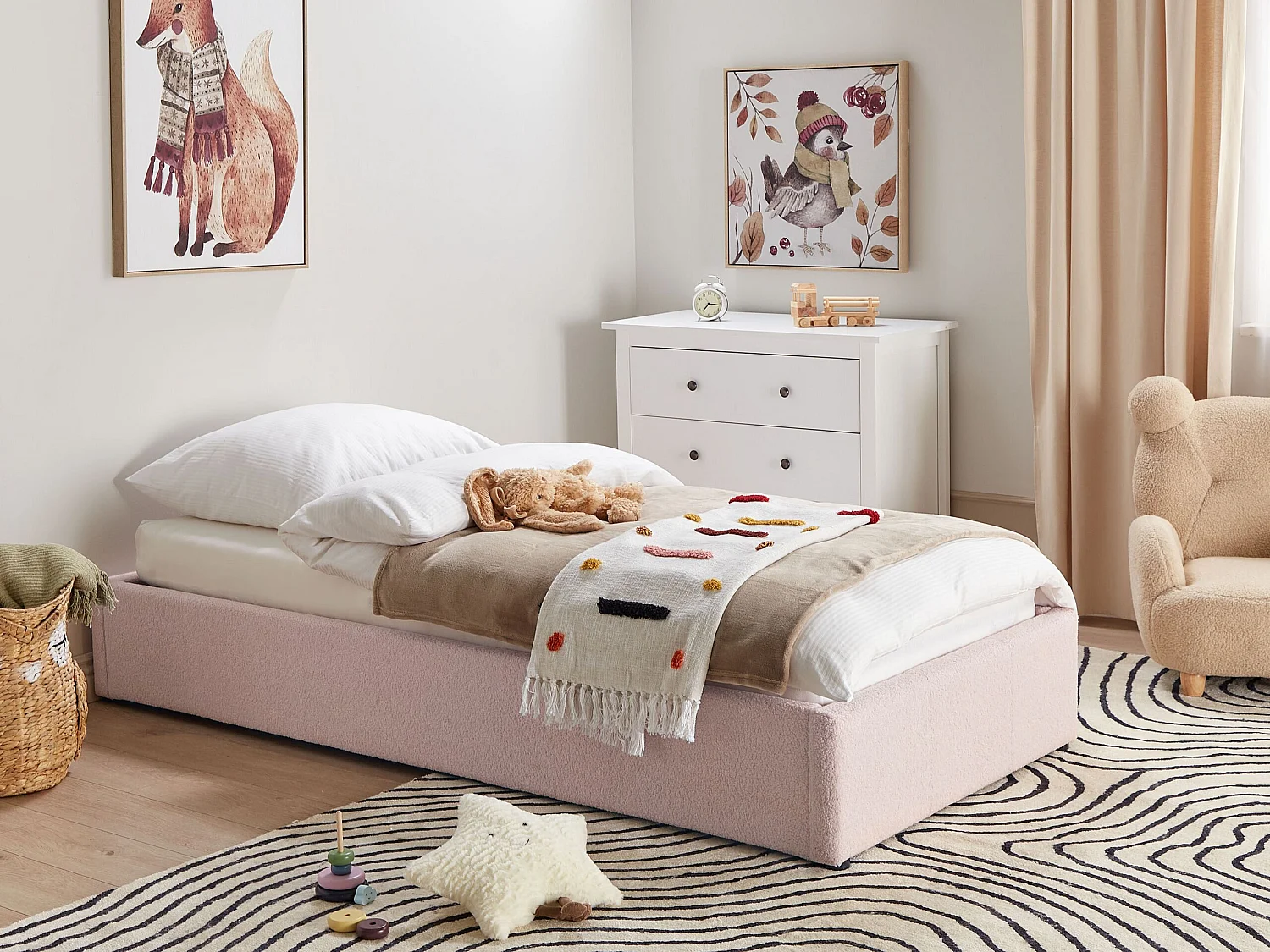 Polsterbett Bouclé pastellrosa mit Bettkasten hochklappbar 90 x 200 cm DINAN