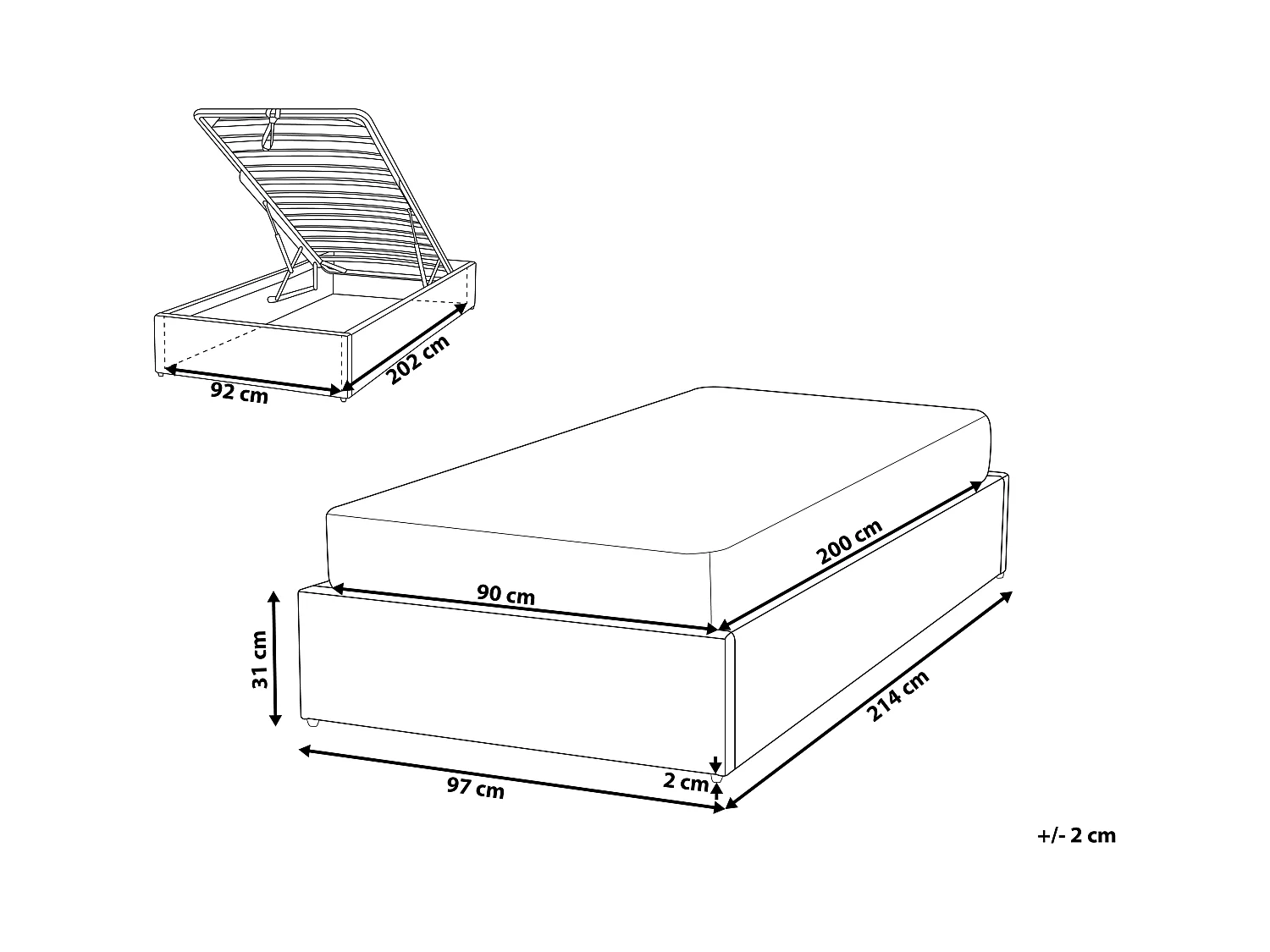 Lit ottoman sans tête de lit Tissu DINAN 90 x 200 cm Gris clair