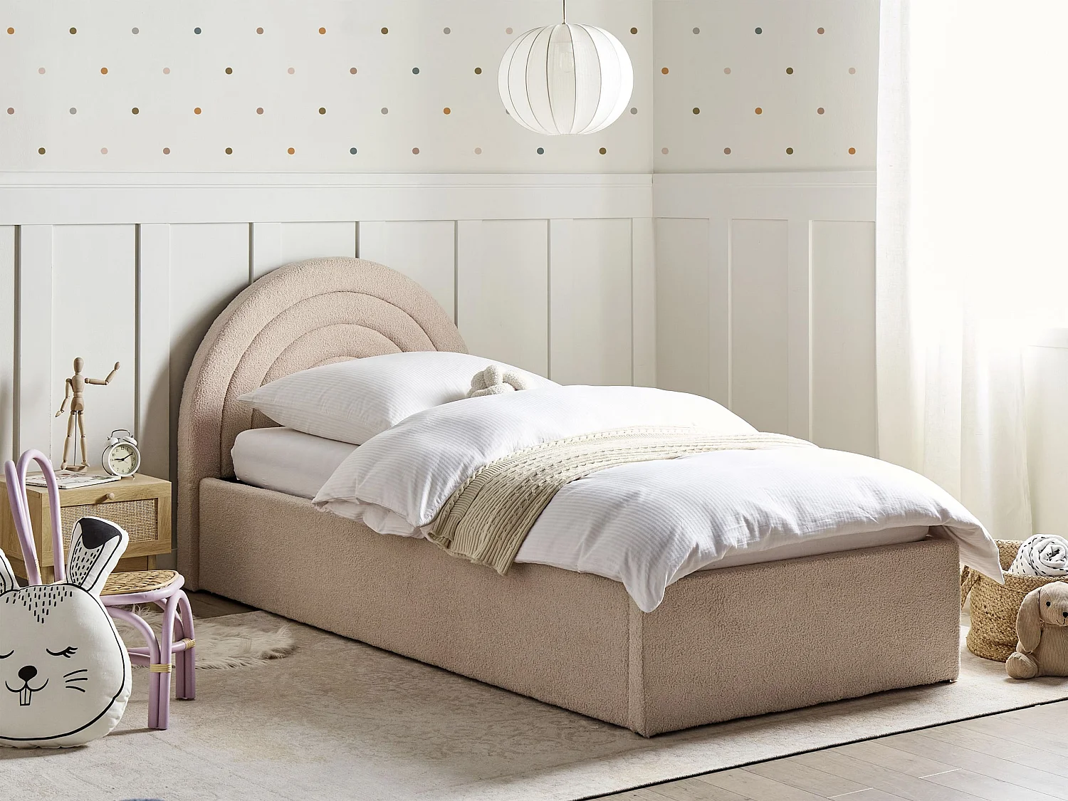 Polsterbett Bouclé beige mit Bettkasten hochklappbar 90 x 200 cm ANET