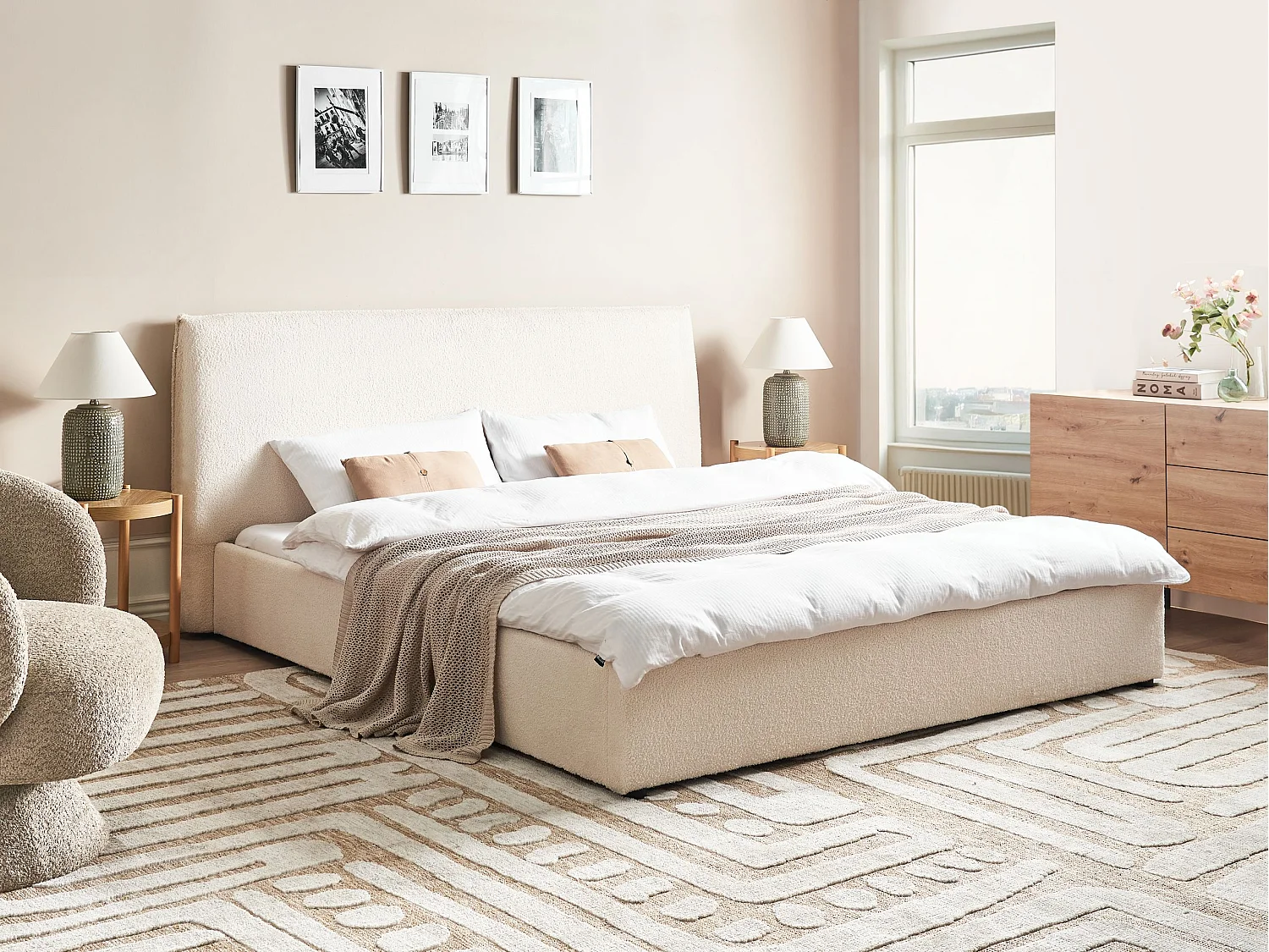 Lit avec sommier Bouclé LAVAUR 180 x 200 cm Blanc cassé