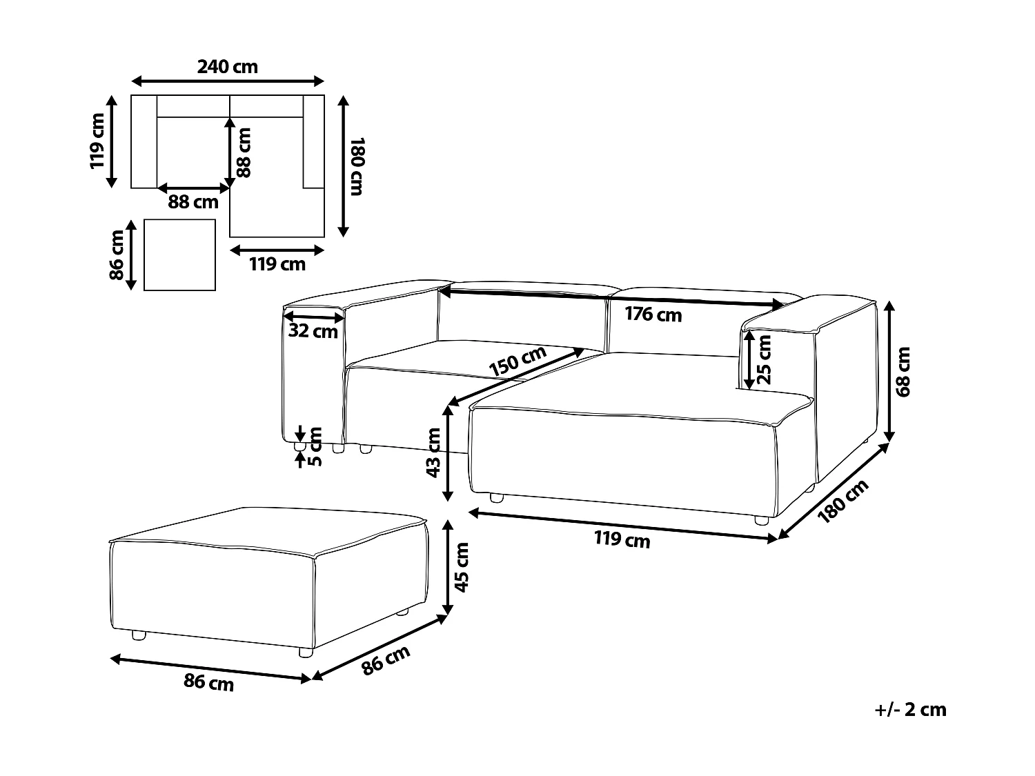 Modul-Ecksofa Cord grün 3-Sitzer Sofa Ottomane Chaiselongue links Ardal