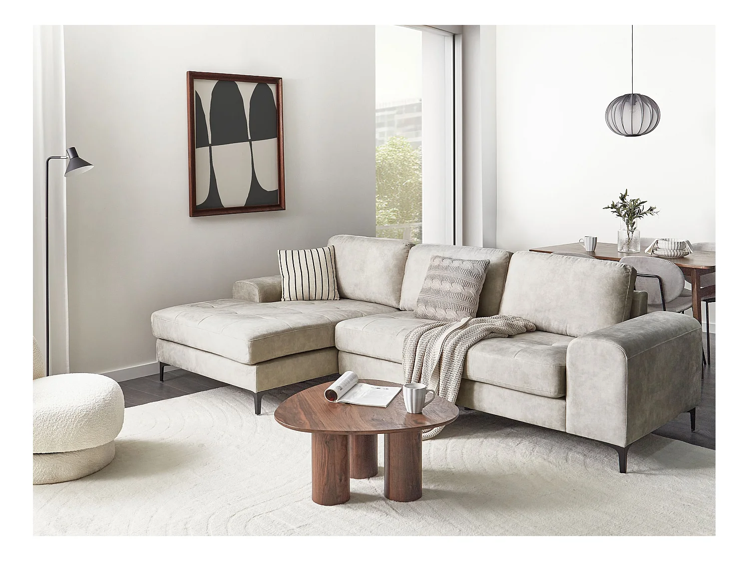 Ecksofa KIRUNA Samtstoff Hellbeige 4-Sitzer rechtsseitig