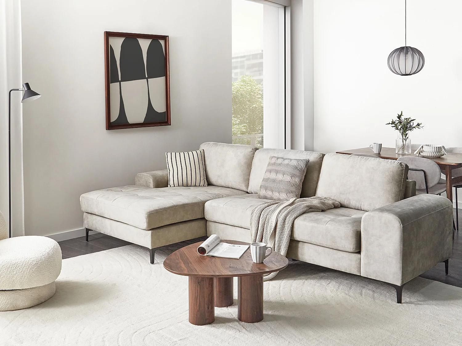 Narożnik KIRUNA Welur Jasnobeżowy dla 4 osób Prawostronny