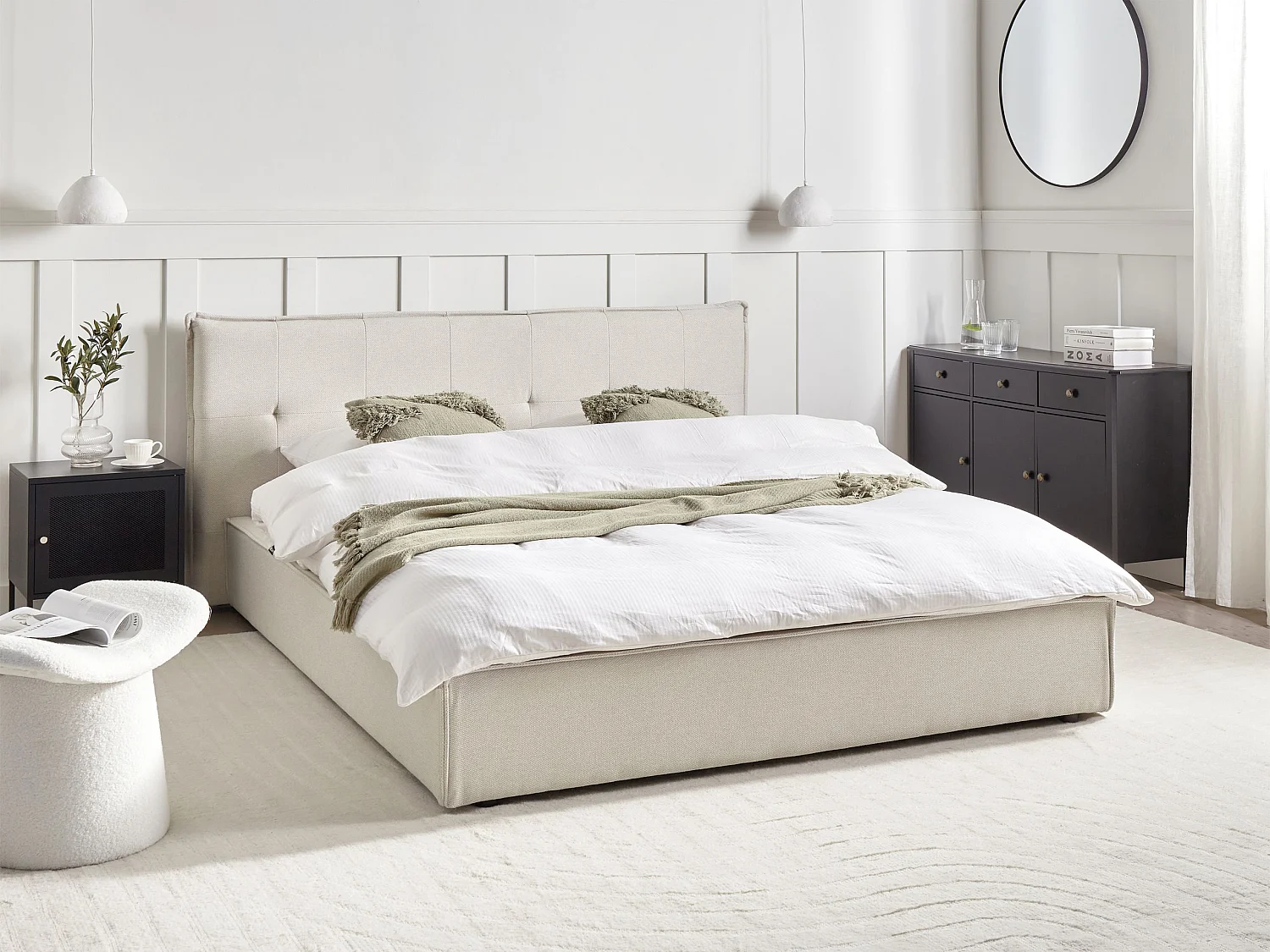 Lit avec sommier Lin synthétique LESTRE 160 x 200 cm Blanc cassé