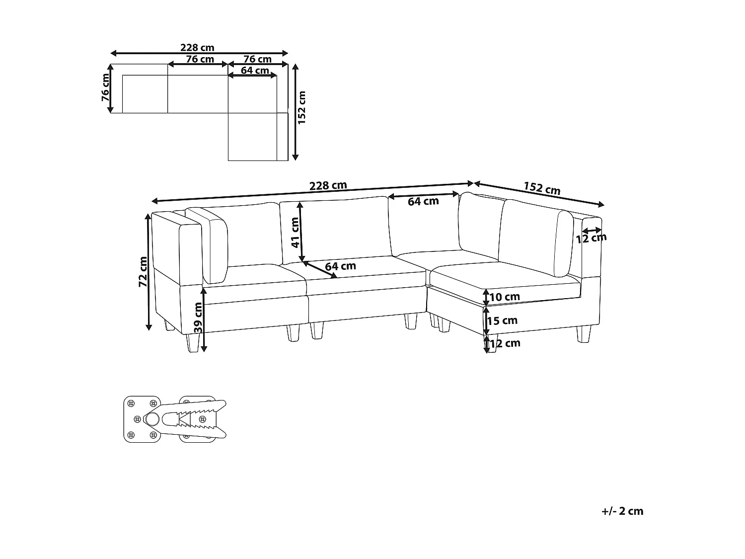 Canapé d'Angle Moderne Modulaire 4 Places Côté droite Pieds Noirs et Tissu Rembourré Marron Unstad
