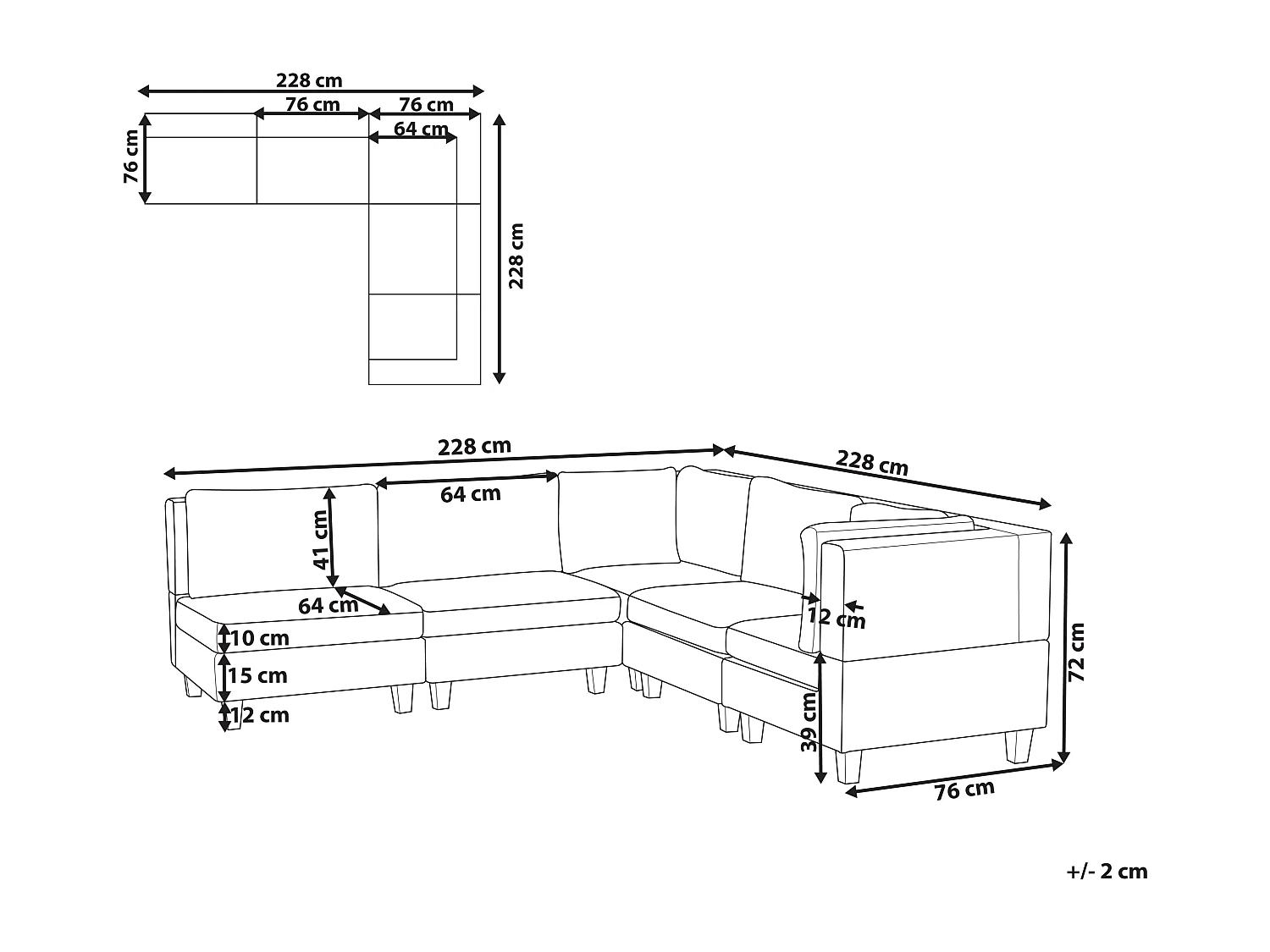Canapé d'Angle Moderne Modulaire 5 Places Côté Gauche Pieds Noirs et Tissu Rembourré Marron Unstad