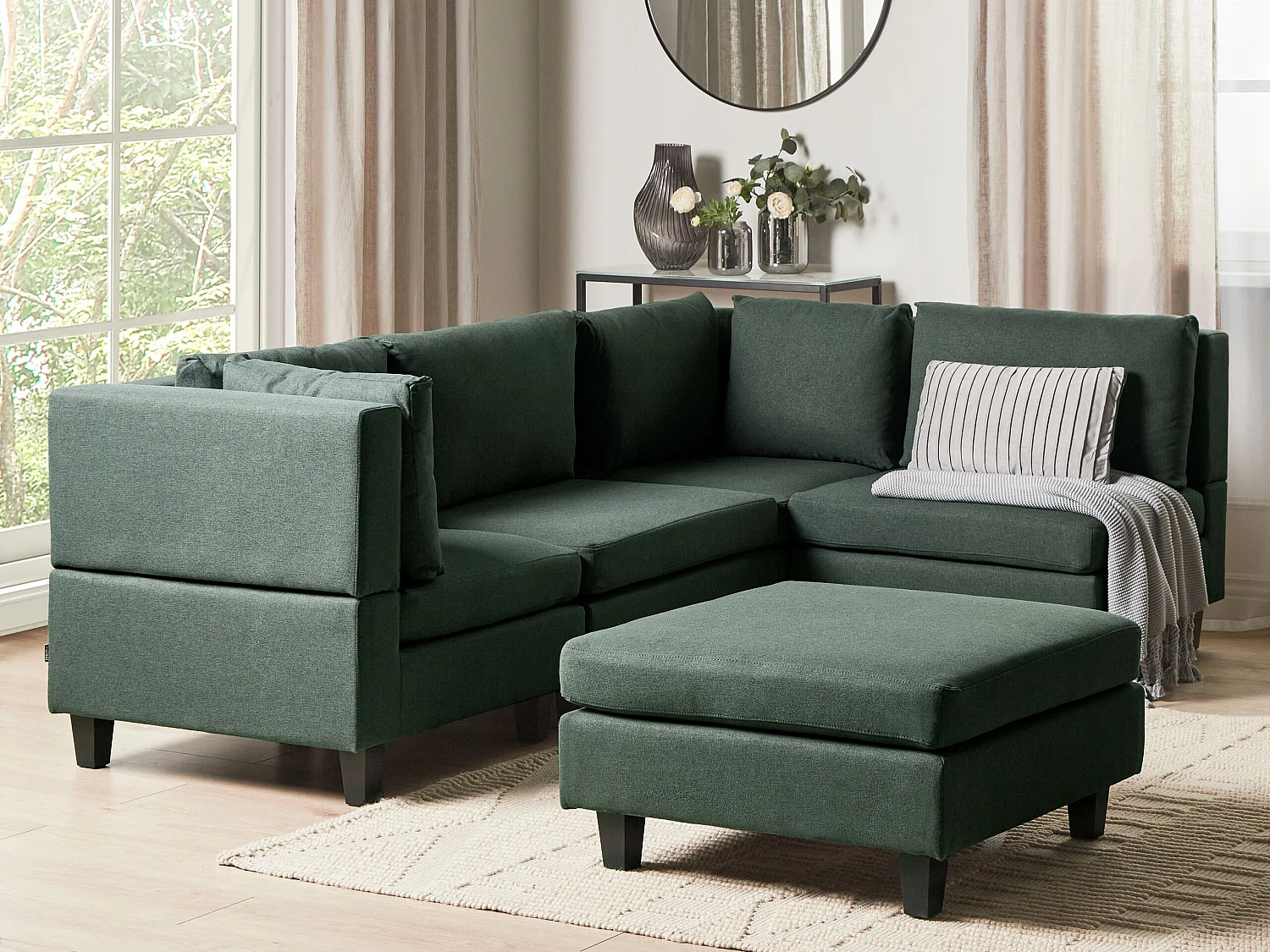 Canapé d'angle modulable UNSTAD Tissu Vert foncé avec ottoman 4 places Côté gauche