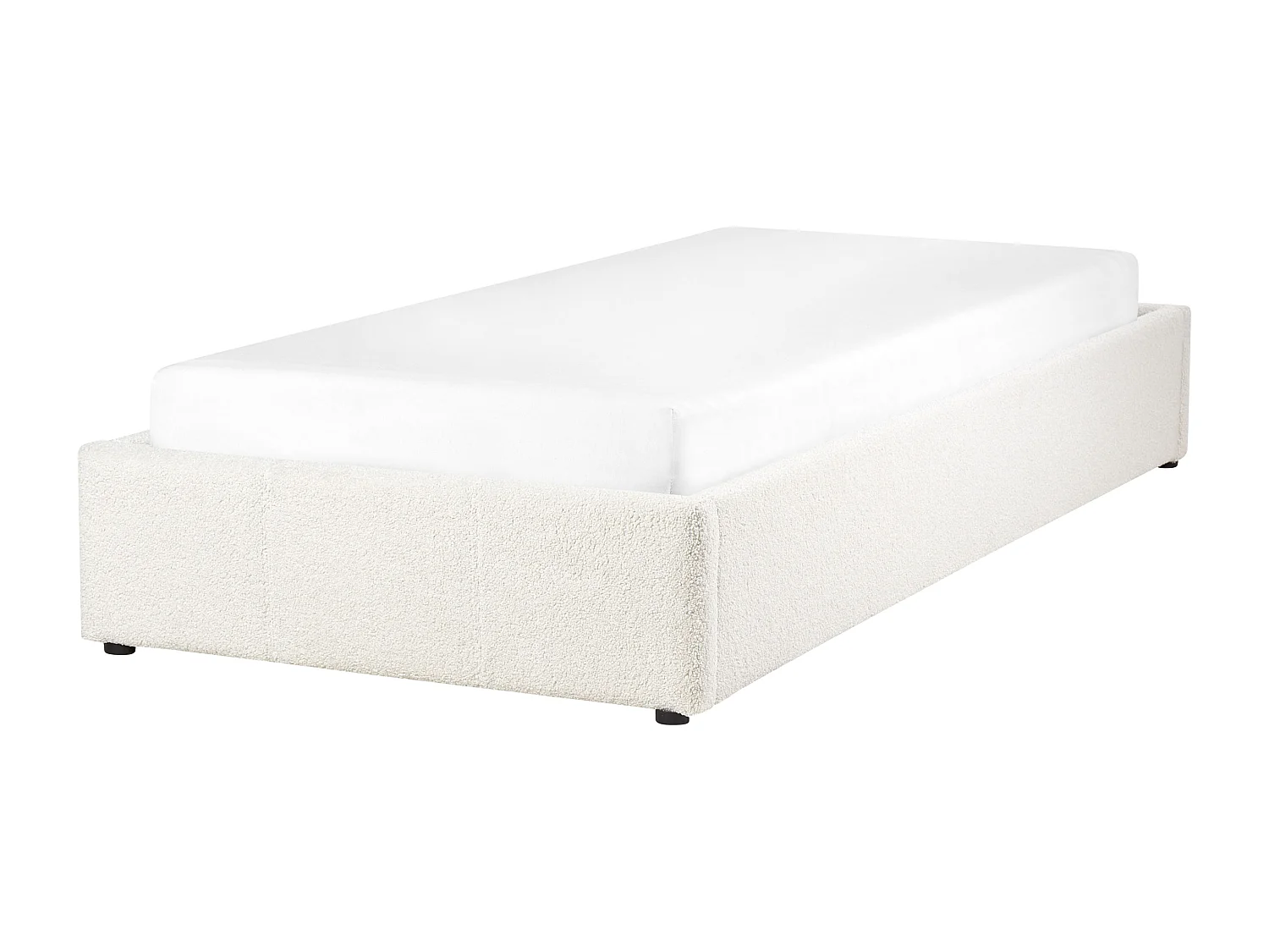 Polsterbett Bouclé weiß mit hochklappbarem Lattenrost 90x200 cm Bettkasten Dinan