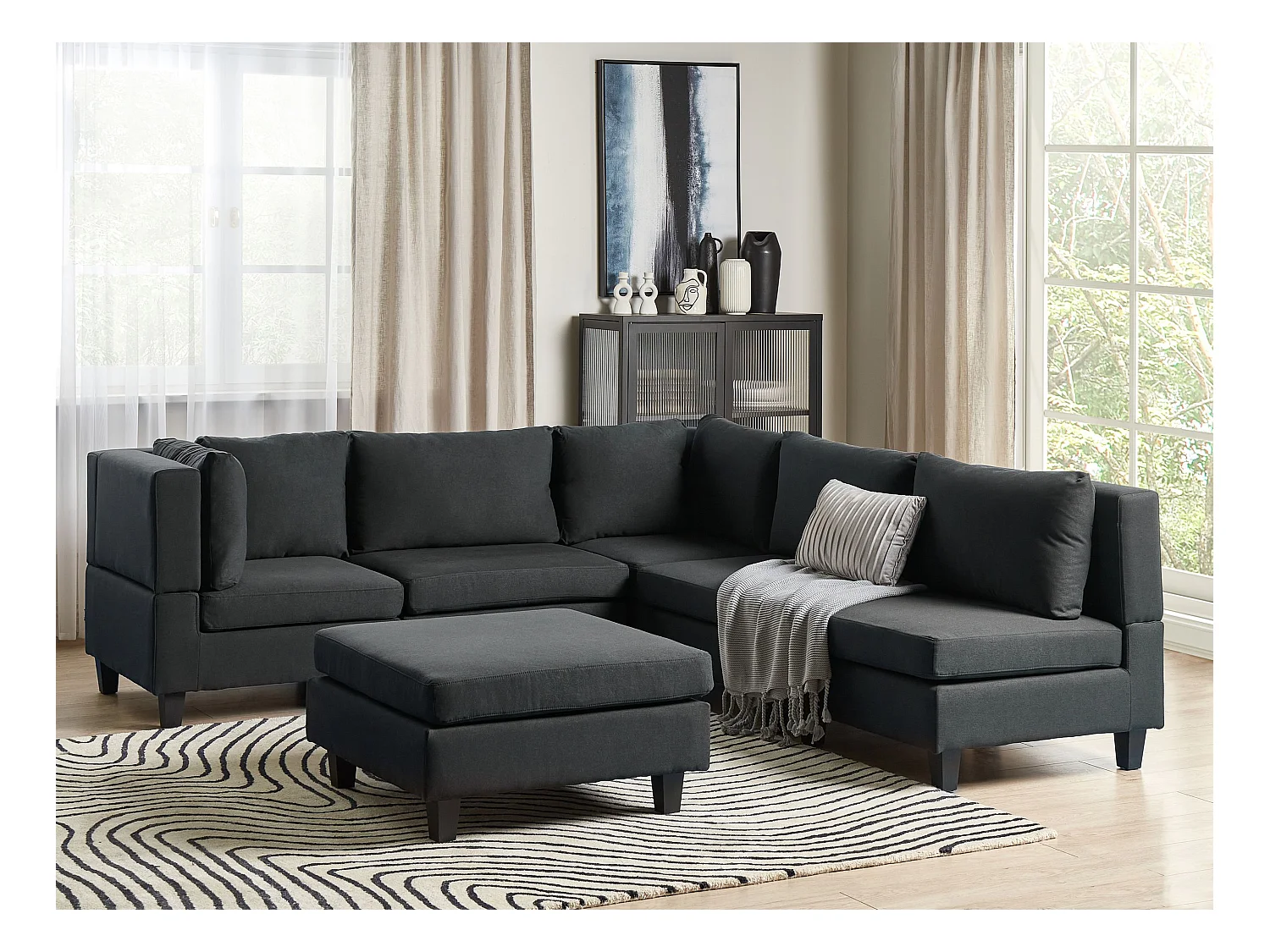 Narożnik modułowy UNSTAD Czarny z otomaną dla 5 osób Prawostronny