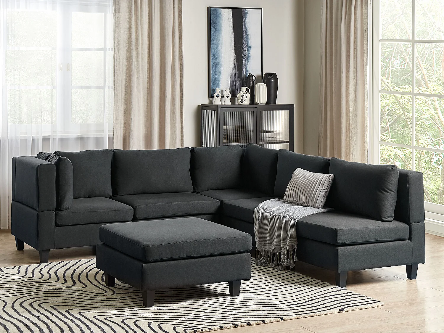 Canapé d'angle modulable UNSTAD Tissu Noir avec ottoman 5 places Côté droit
