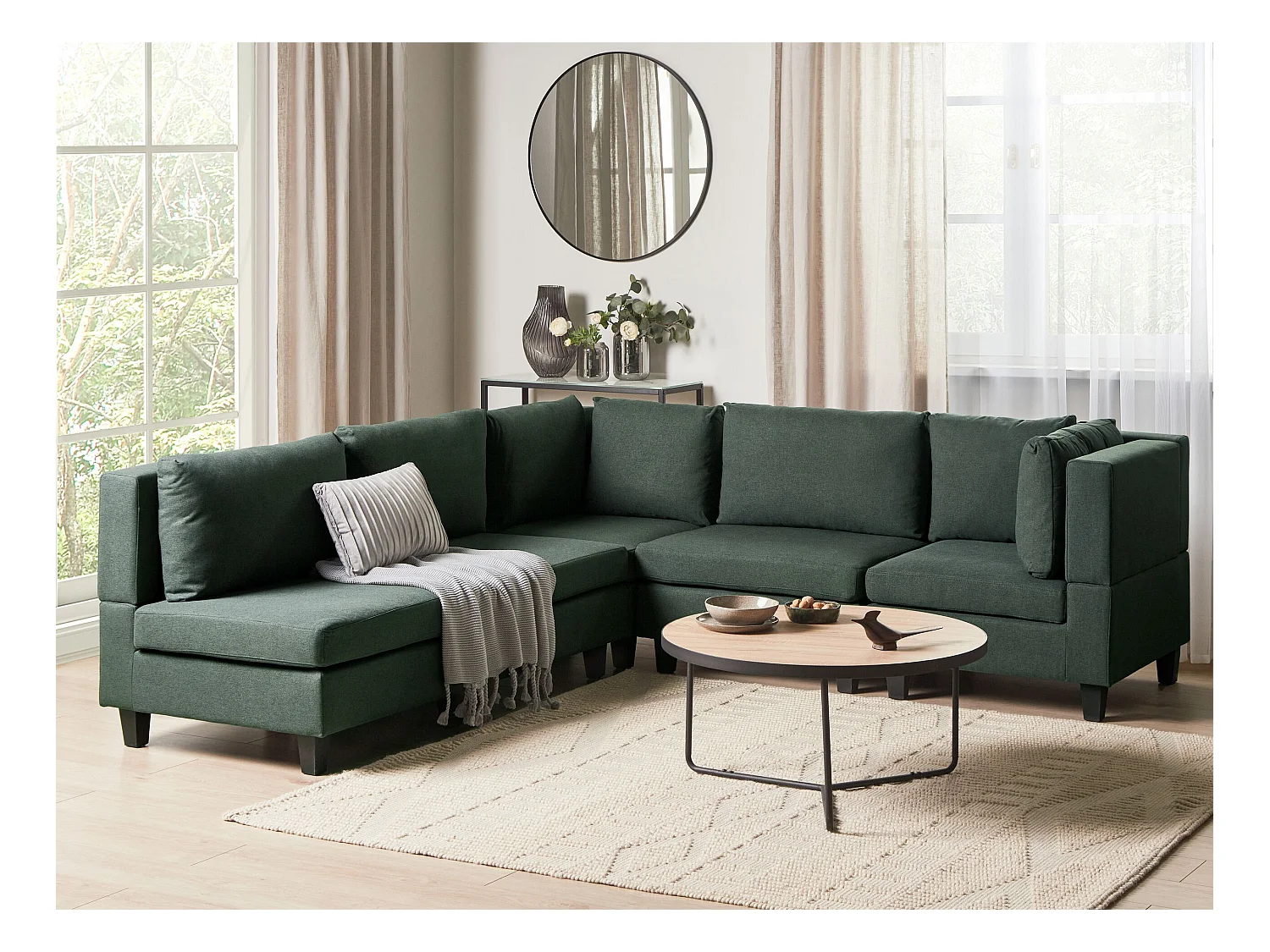 Canapé d'Angle Moderne Modulaire 5 Places Côté droite Pieds Noirs et Tissu Rembourré Vert Foncé Unstad