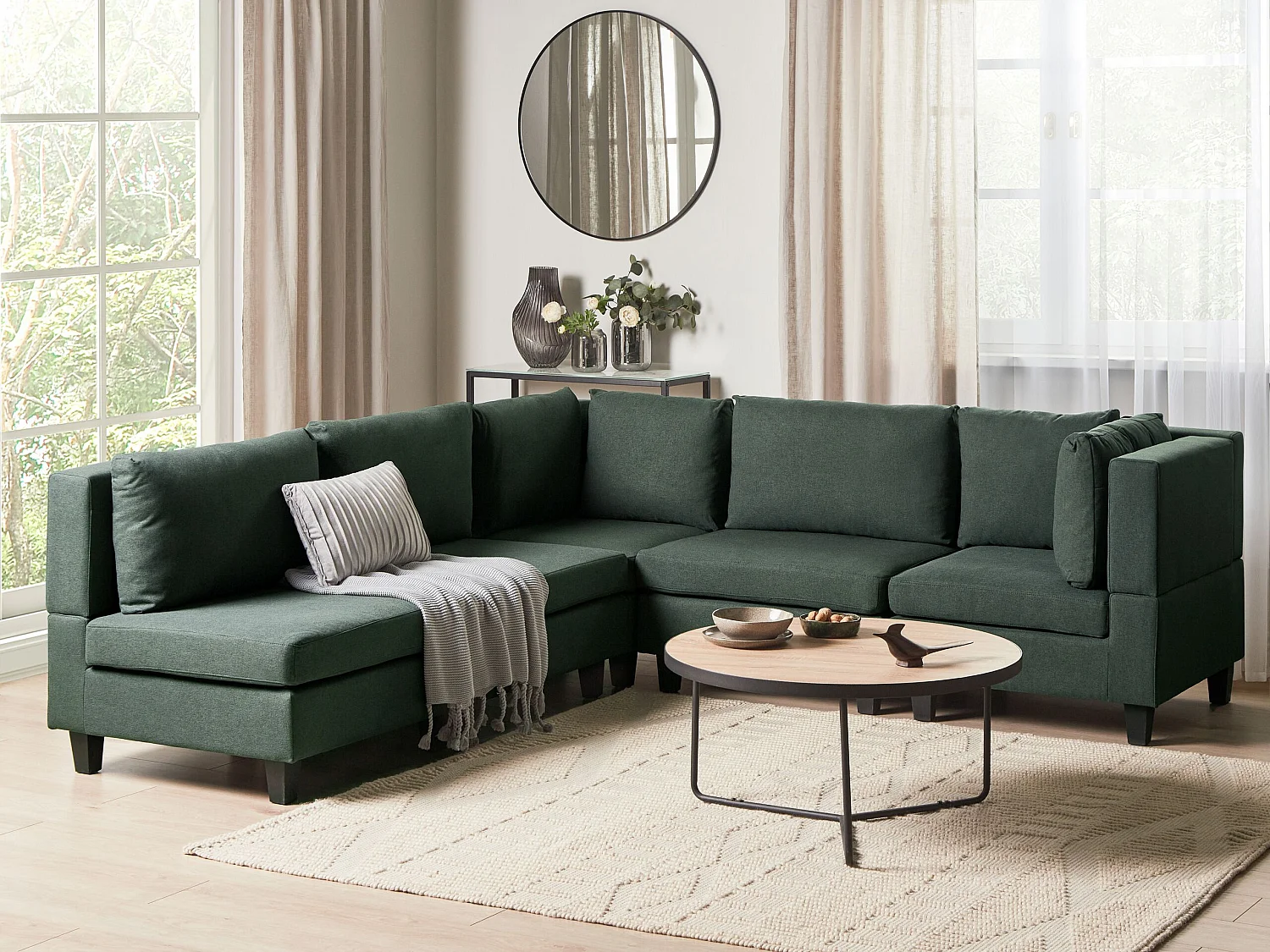 Canapé d'Angle Moderne Modulaire 5 Places Côté droite Pieds Noirs et Tissu Rembourré Vert Foncé Unstad