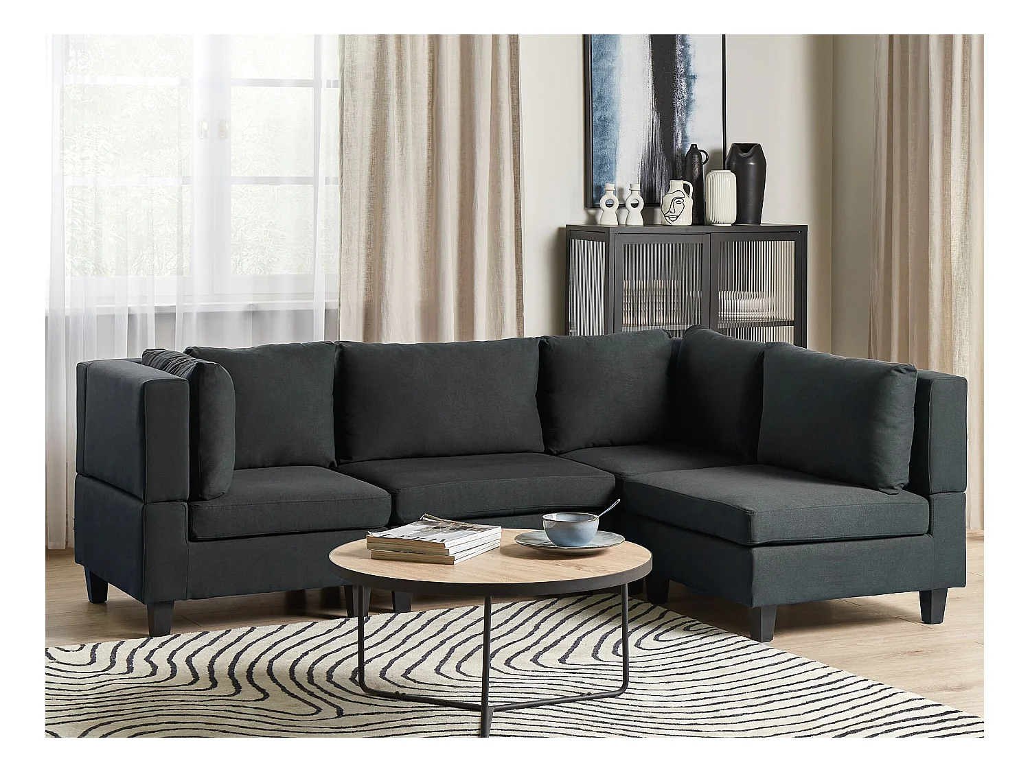 Canapé d'Angle Moderne Modulaire 4 Places Côté droite Tissu Rembourré Noir Unstad