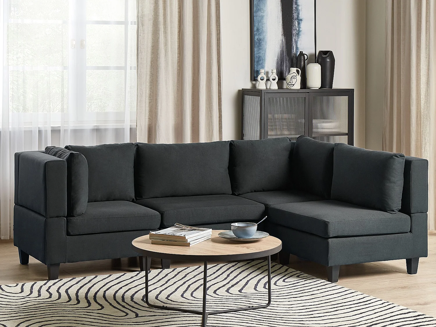 Canapé d'angle modulable UNSTAD Tissu Noir 4 places Côté gauche