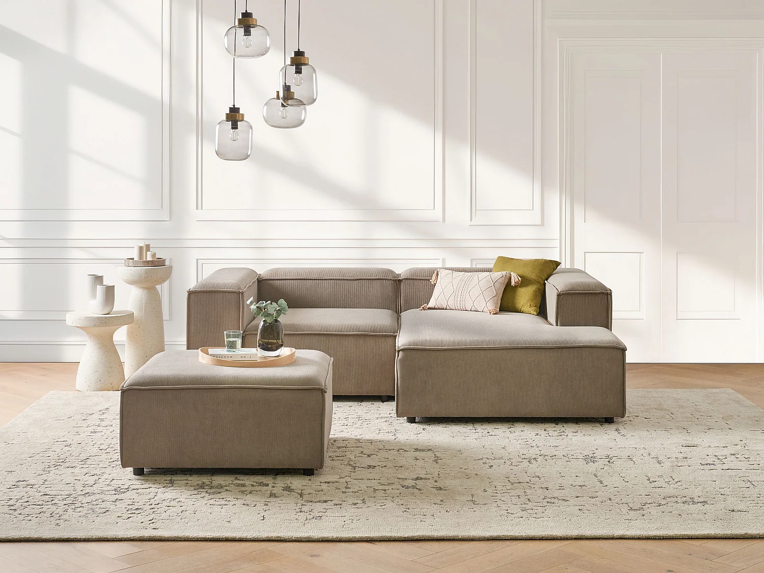 Canapé d'angle modulable 3 places ARDAL Velours côtelé Marron clair avec ottoman Côté droite