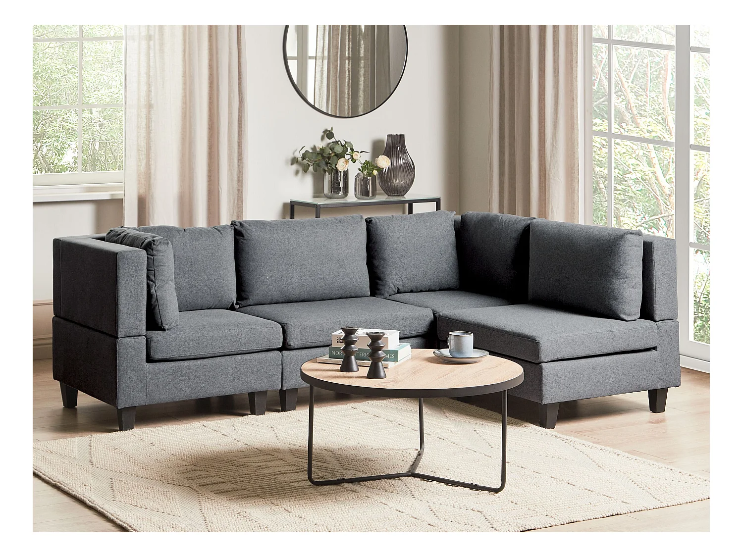 Canapé d'Angle Moderne Modulaire 4 Places Côté droite Pieds Noirs et Tissu Rembourré Gris Foncé Unstad