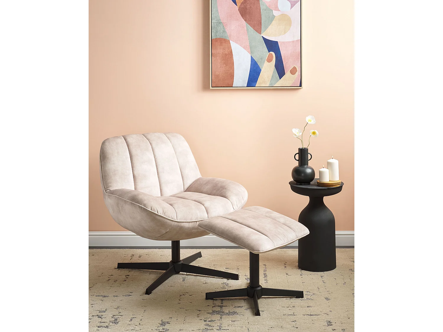 Poltrona girevole LIA con poggiapiedi Velluto Beige