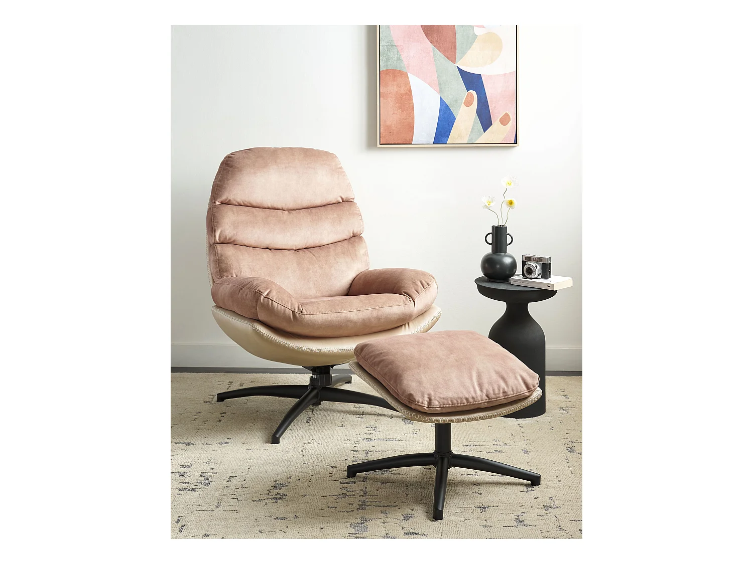 Draaifauteuil EIDE met voetenbank Fluweel Zandbeige