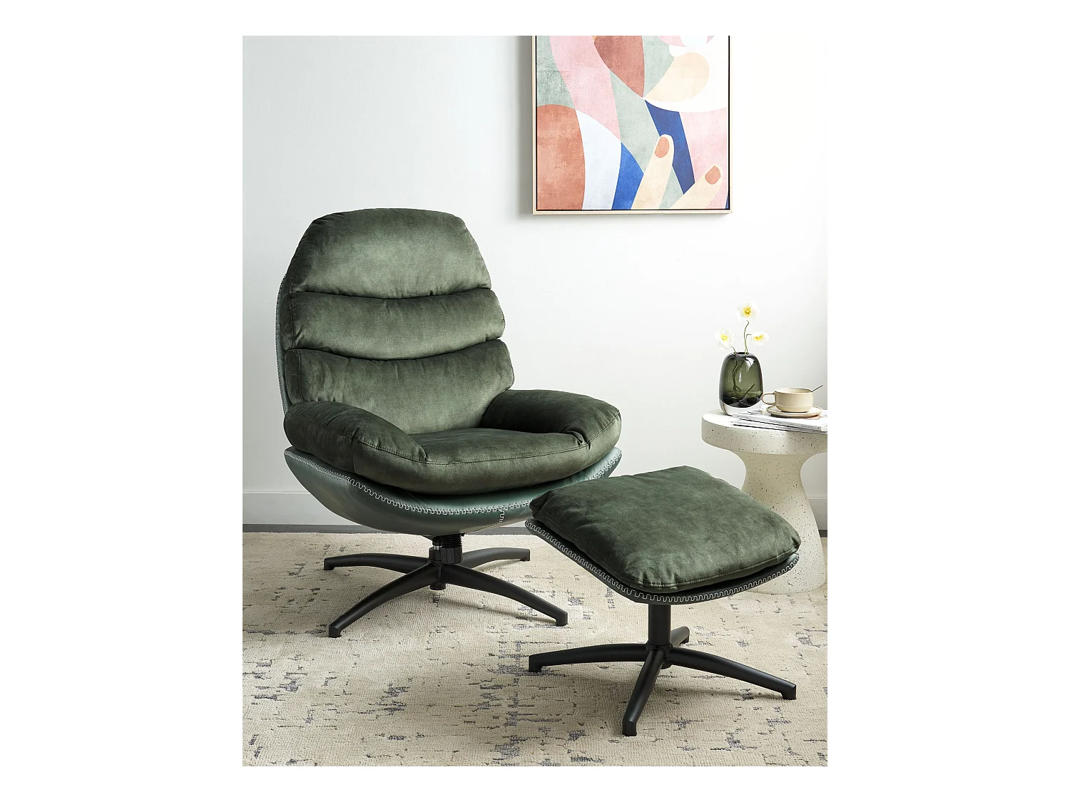 Drehsessel EIDE mit Fussstütze Samtstoff Dunkelgrün