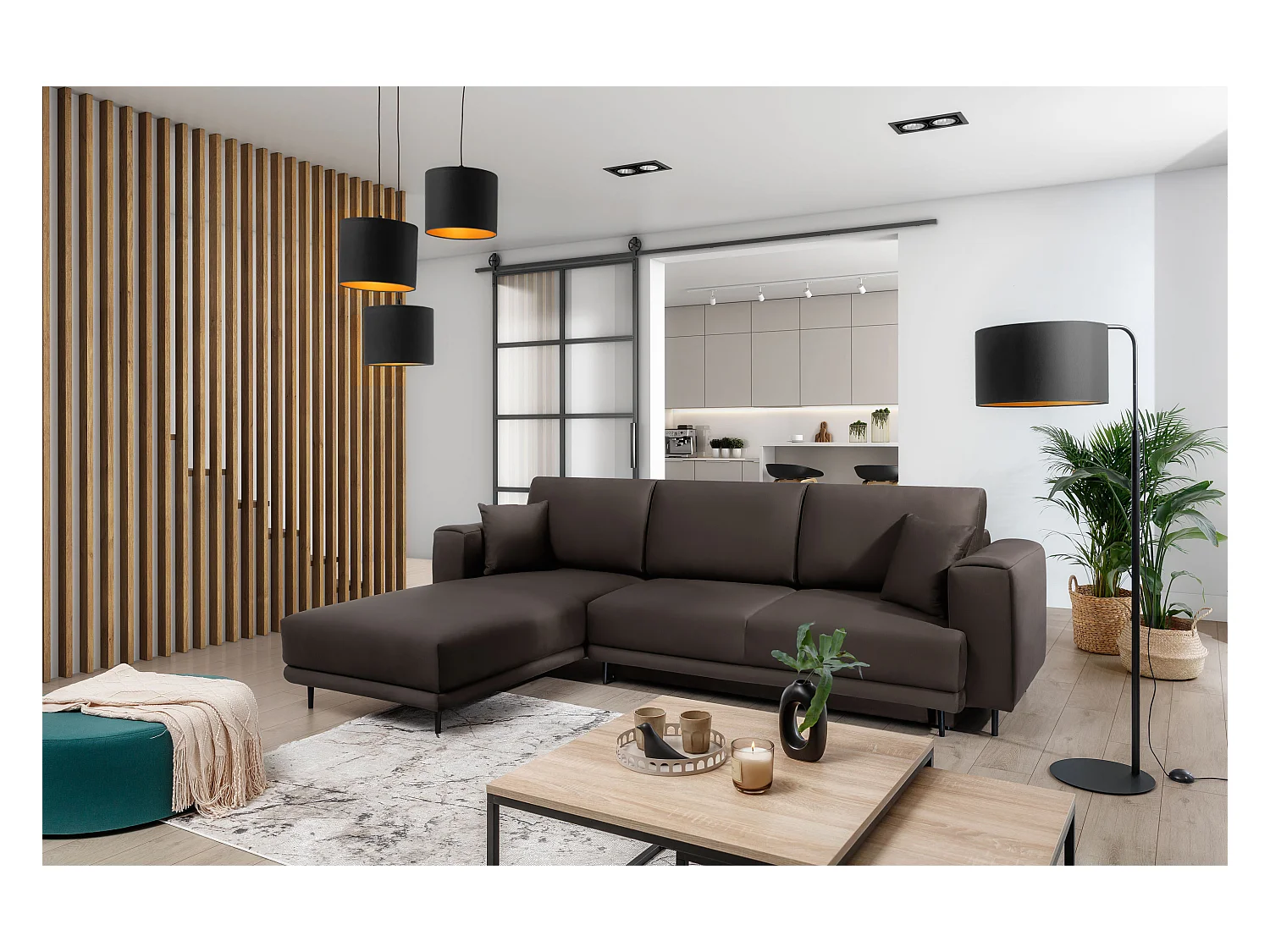 Canapé d'angle convertible velours DAVINA - Coffre et pieds métal noir-Marron-angle gauche