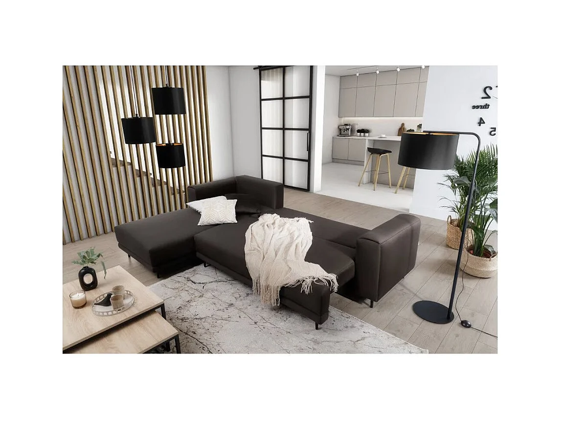 Canapé d'angle convertible velours DAVINA - Coffre et pieds métal noir-Marron-angle gauche