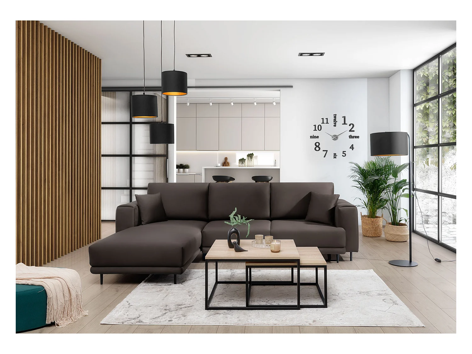 Canapé d'angle convertible velours DAVINA - Coffre et pieds métal noir-Marron-angle gauche