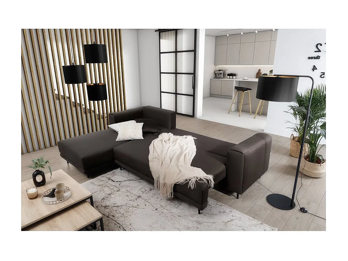 Canapé d'angle convertible velours DAVINA - Coffre et pieds métal noir-Marron-angle gauche