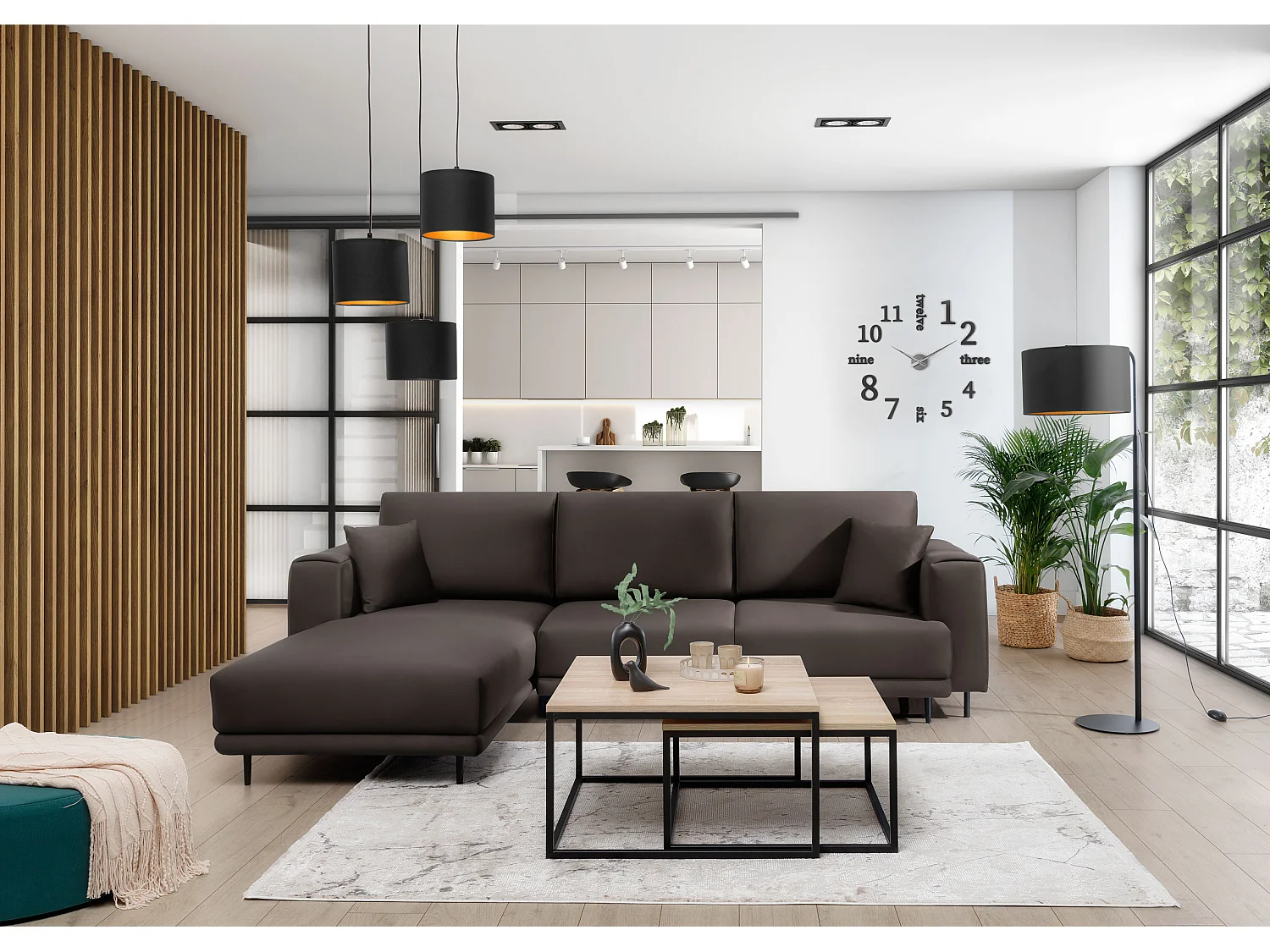 Canapé d'angle convertible velours DAVINA - Coffre et pieds métal noir-Marron-angle gauche