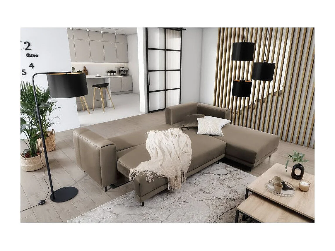 Canapé d'angle convertible velours DAVINA - Coffre et pieds métal noir-Marron-angle gauche