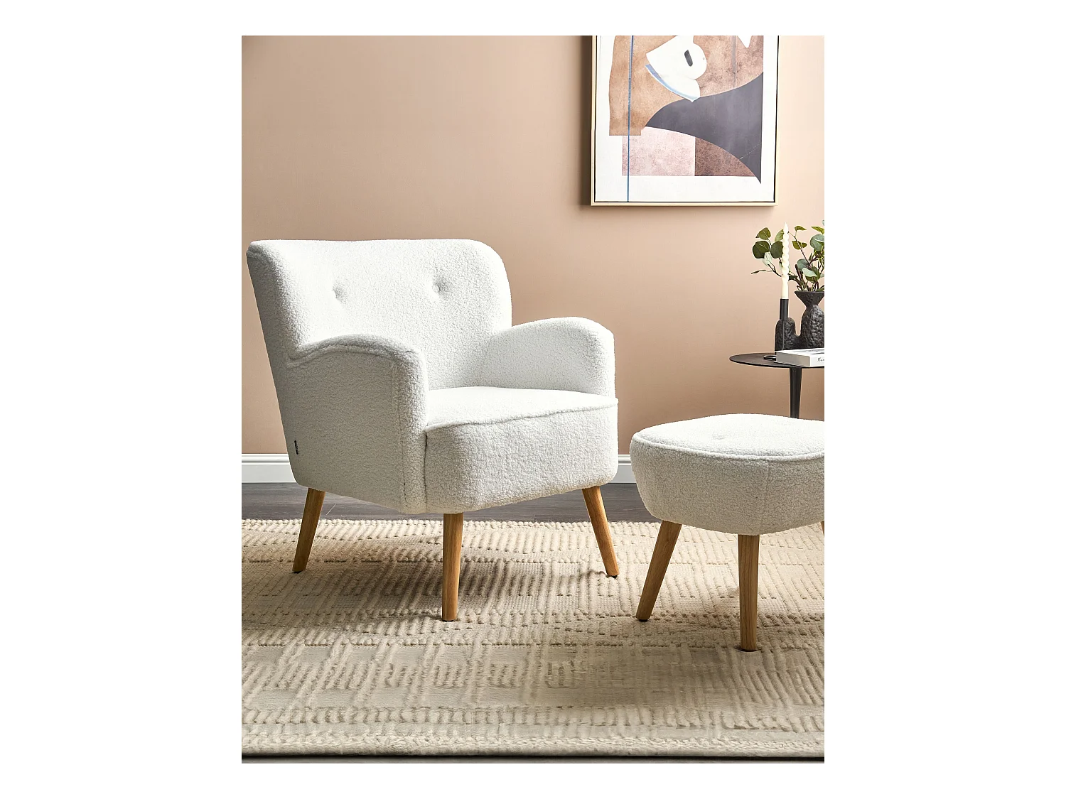 Sessel mit Hocker Bouclé Stoffbezug weiß Holzbeine hellbraun Retro-Design Tumba