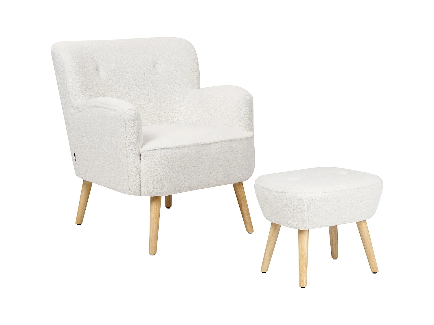 Sessel mit Hocker Bouclé Stoffbezug weiß Holzbeine hellbraun Retro-Design Tumba