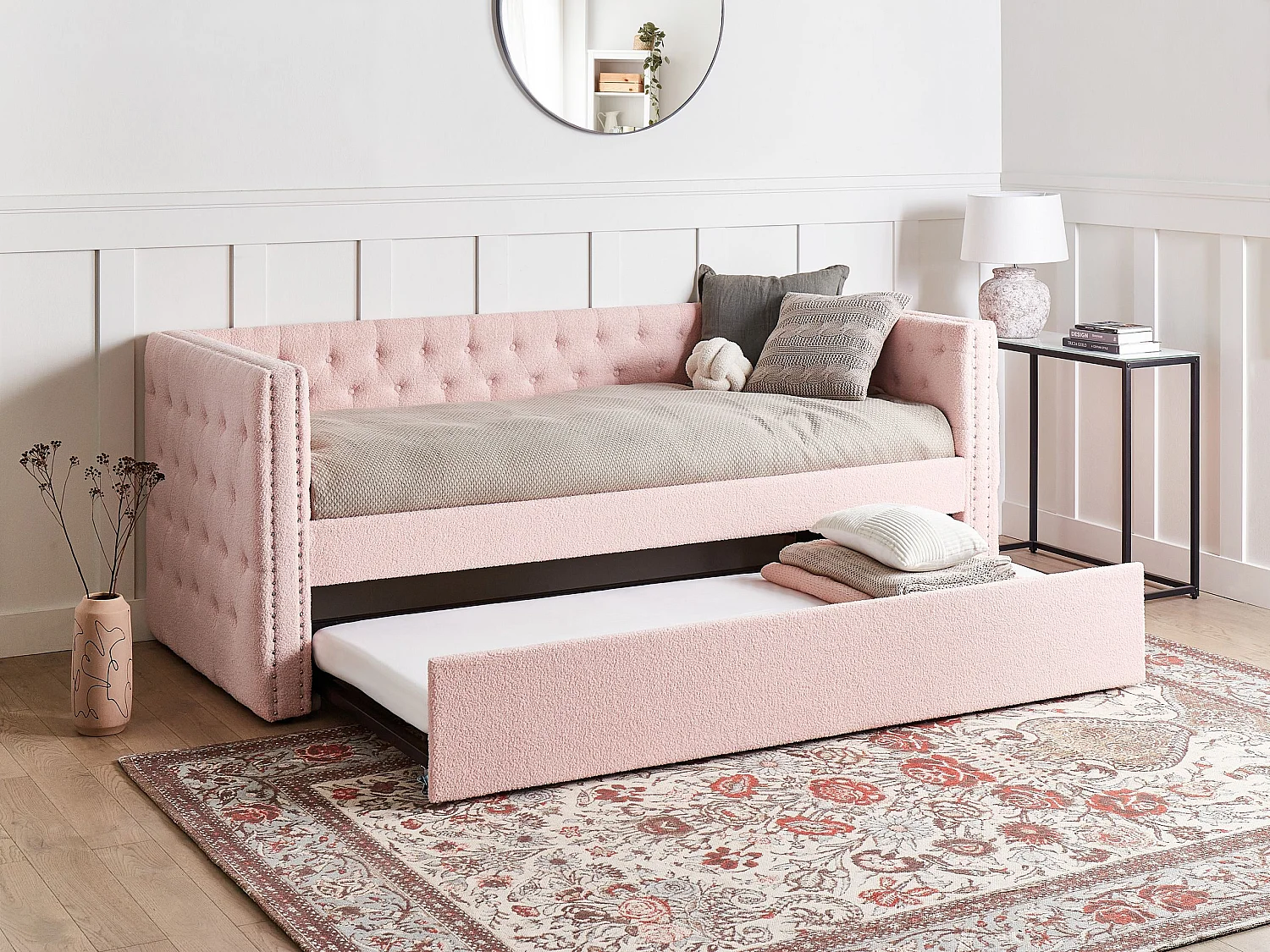 Lit gigogne Bouclé GASSIN 90 x 200 cm Rose pastel