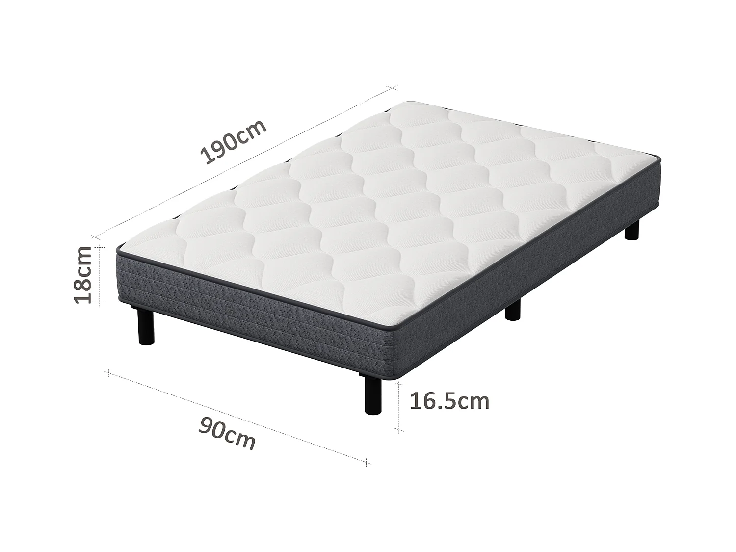DEWINNER Matras- en bedbodemset 90x190 cm, matras met pocketveren en stevig ijzeren bedframe met 6 poten, matrasdikte 18 cm